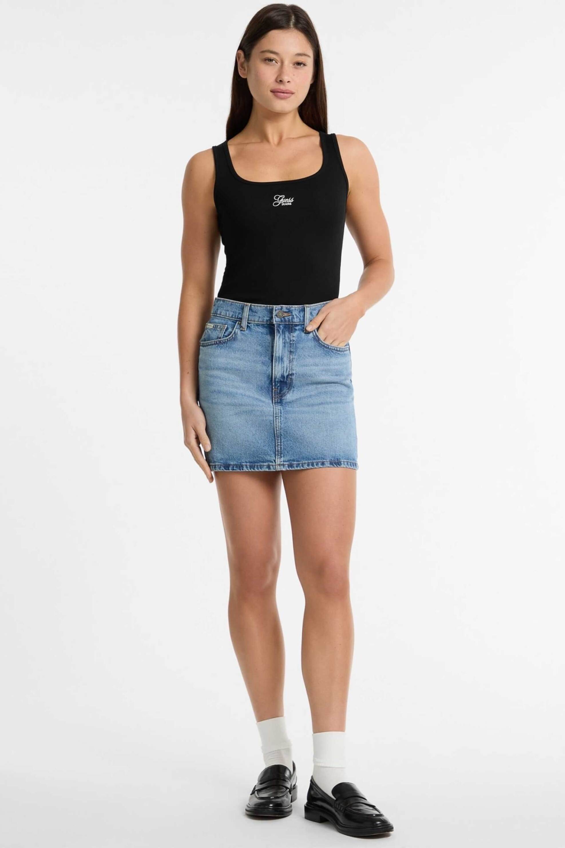 Guess γυναικεία mini φούστα denim ψηλόμεση πεντάτσεπη Regular Fit - W5GD0QD5M4A Denim Blue Ανοιχτό