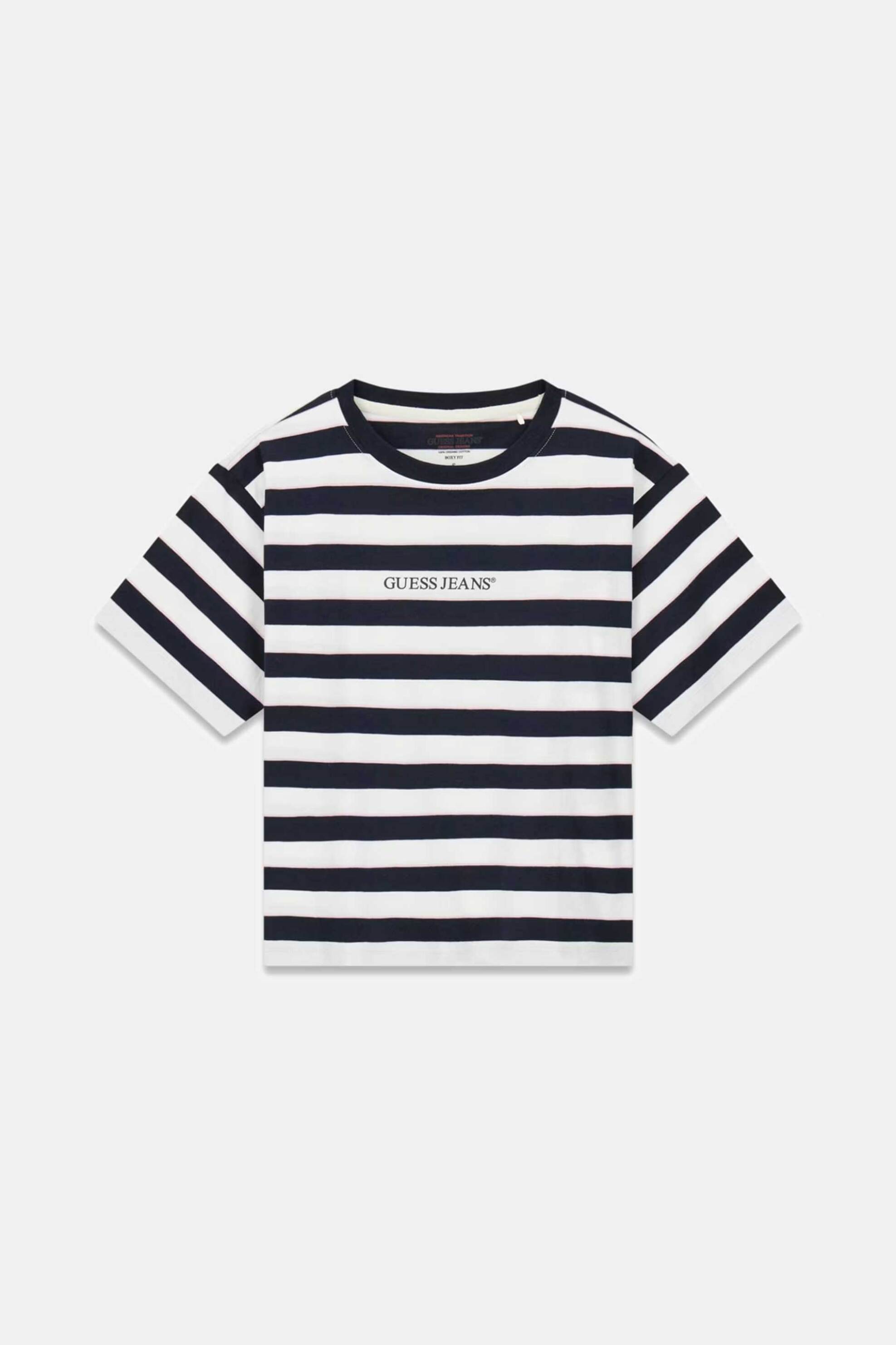 Guess Γυναικείο T-Shirt Ριγέ με Λογότυπο Regular Fit - W6Ri19K8Hm0 Μπλε Σκούρο
