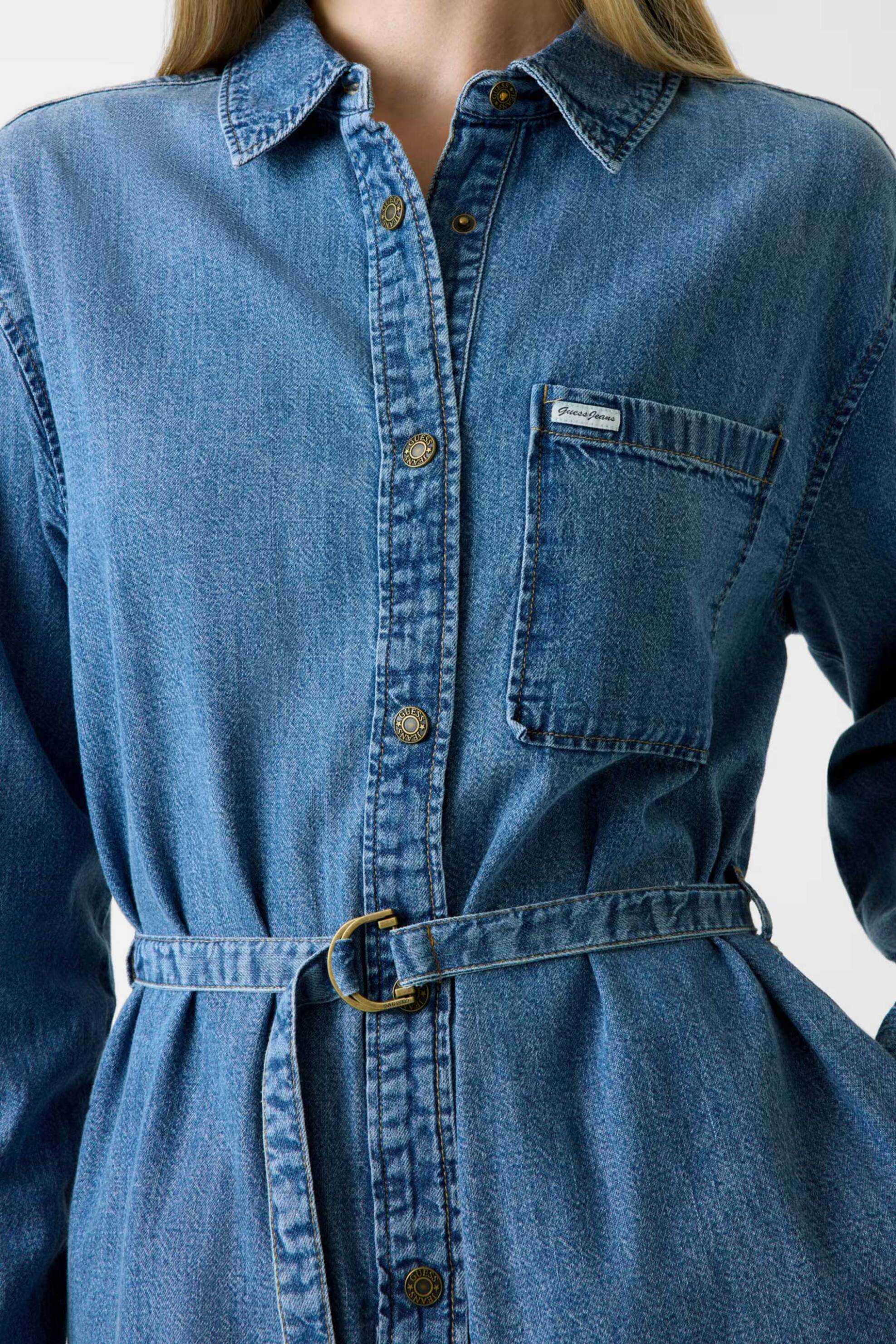 Guess γυναικείο denim φόρεμα με ζώνη - W6RK26D5M81 Denim Blue Ανοιχτό