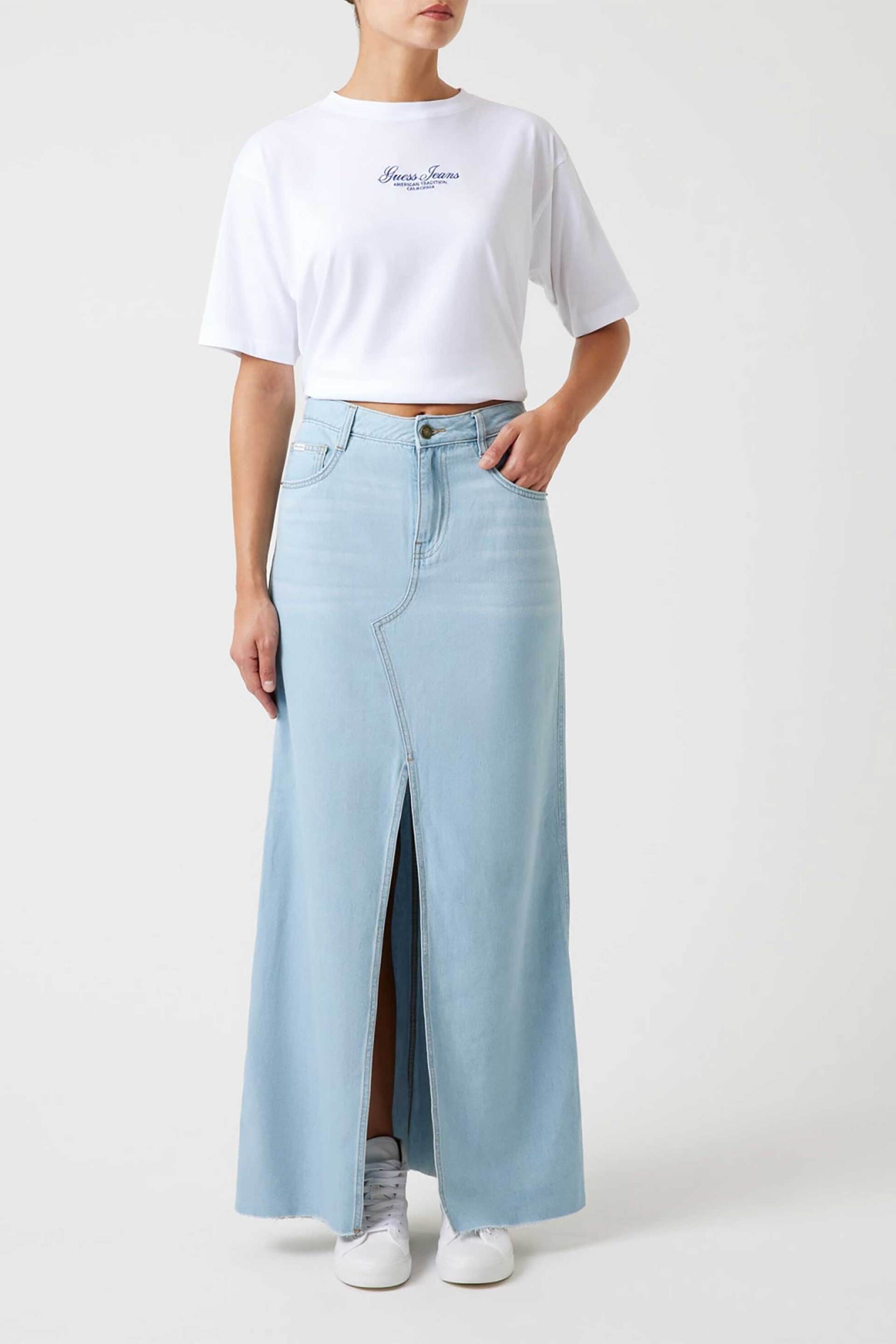 Guess γυναικεία denim maxi φούστα ψηλόμεση πεντάτσεπη με άνοιγμα - W6GD52D7902 Denim Blue Ανοιχτό