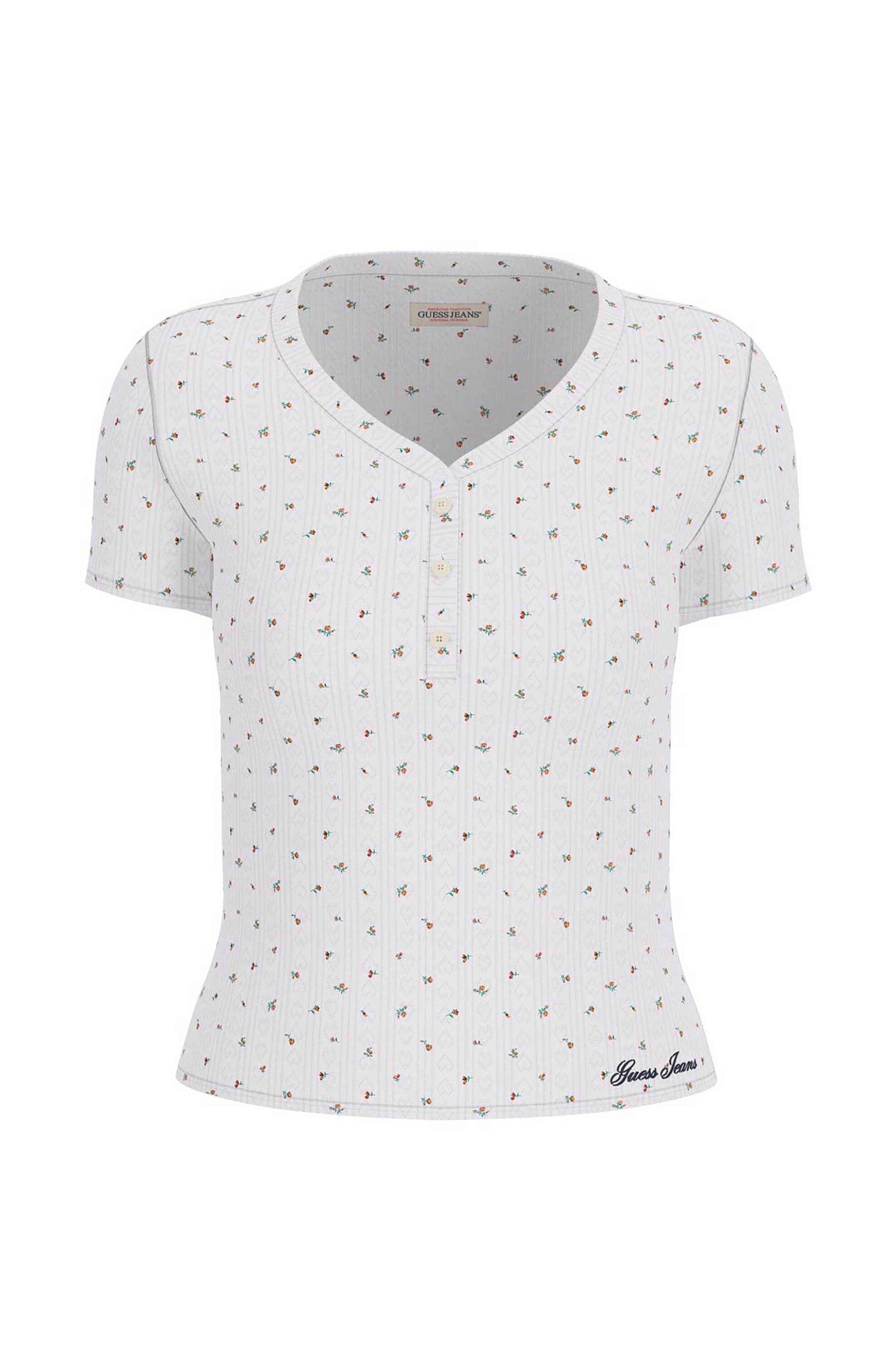 Guess γυναικεία πλούζα henley με floral print Slim Fit - W6GPB6KH172 Λευκό