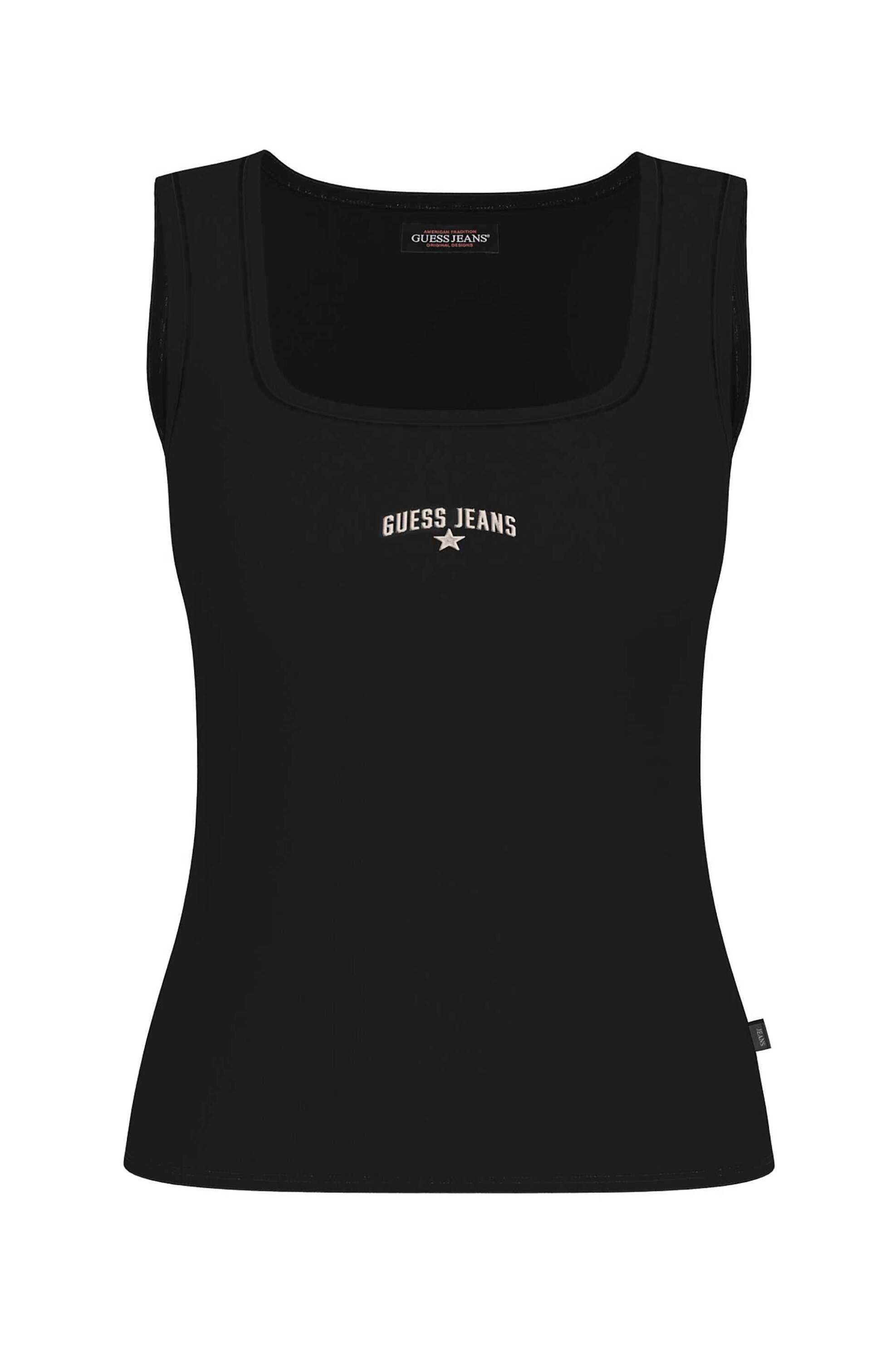 Guess γυναικείο αμάνικο τοπ ribbed με κεντημένο λογότυπο Slim Fit - W6GPZ2KA0H1 Μαύρο