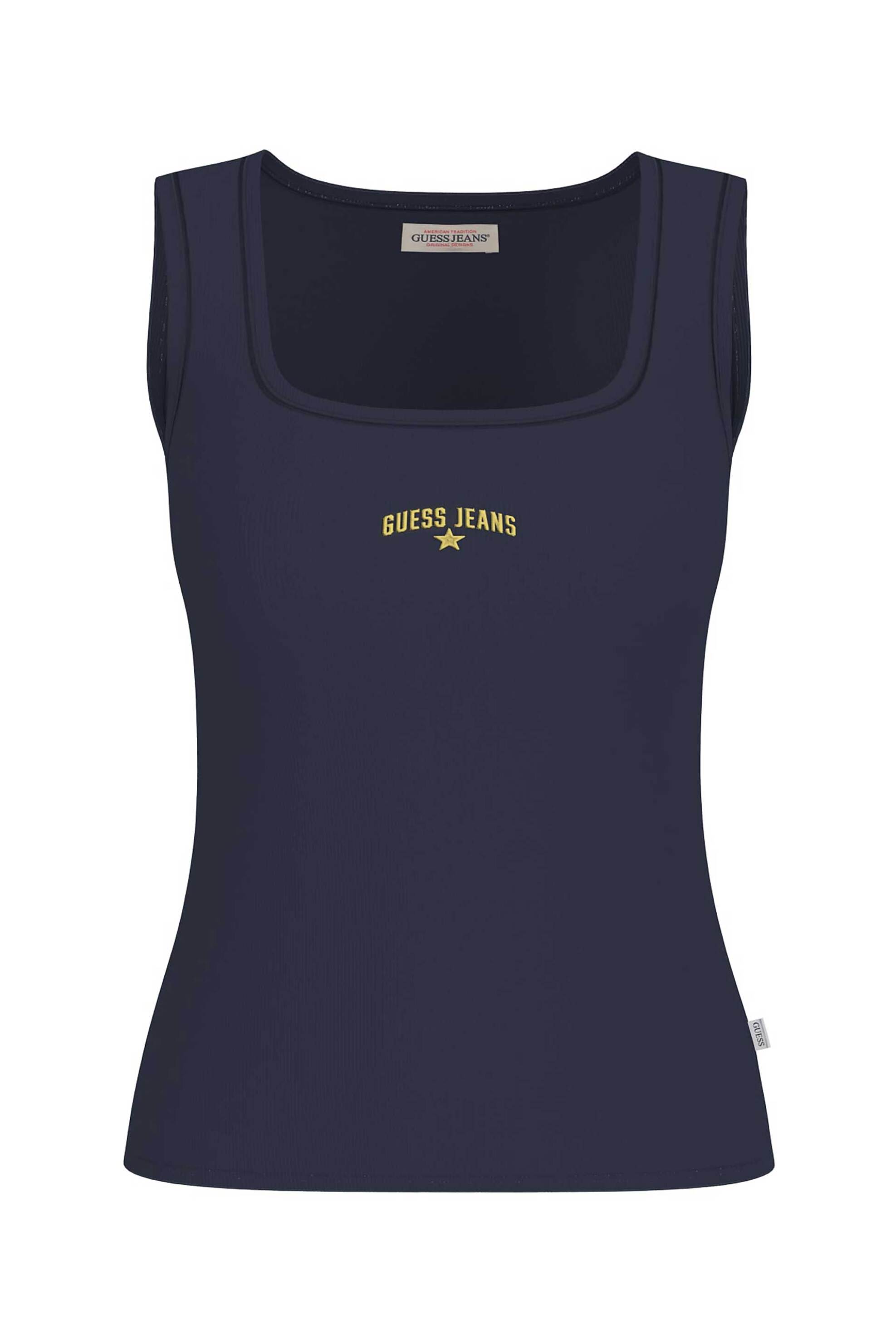 Guess γυναικείο αμάνικο τοπ ribbed με κεντημένο λογότυπο Slim Fit - W6GPZ2KA0H1 Μπλε Σκούρο