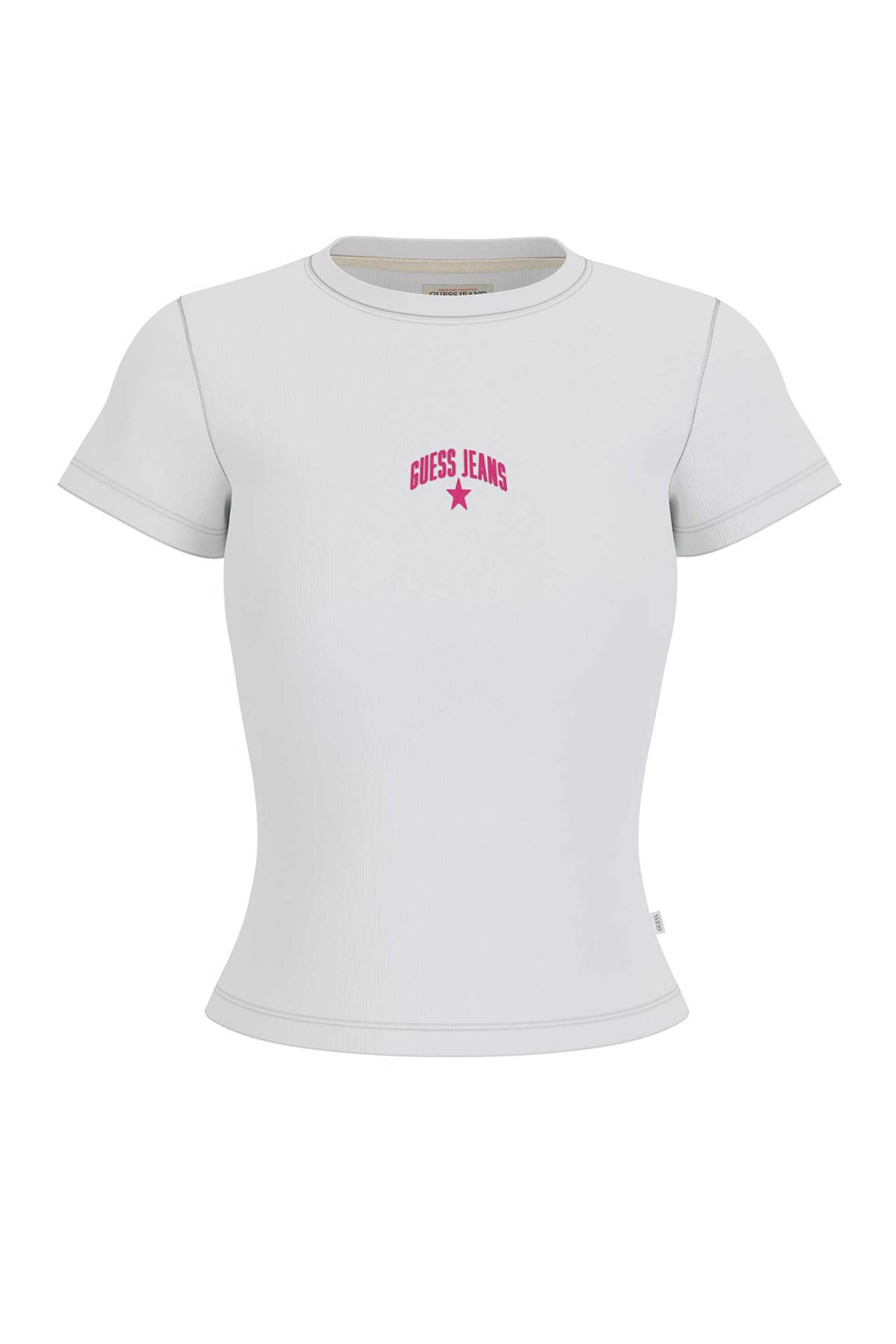 Guess γυναικείο T-shirt ribbed με κεντημένο λογότυπο Slim Fit - W6GPZ3KA0H1 Λευκό