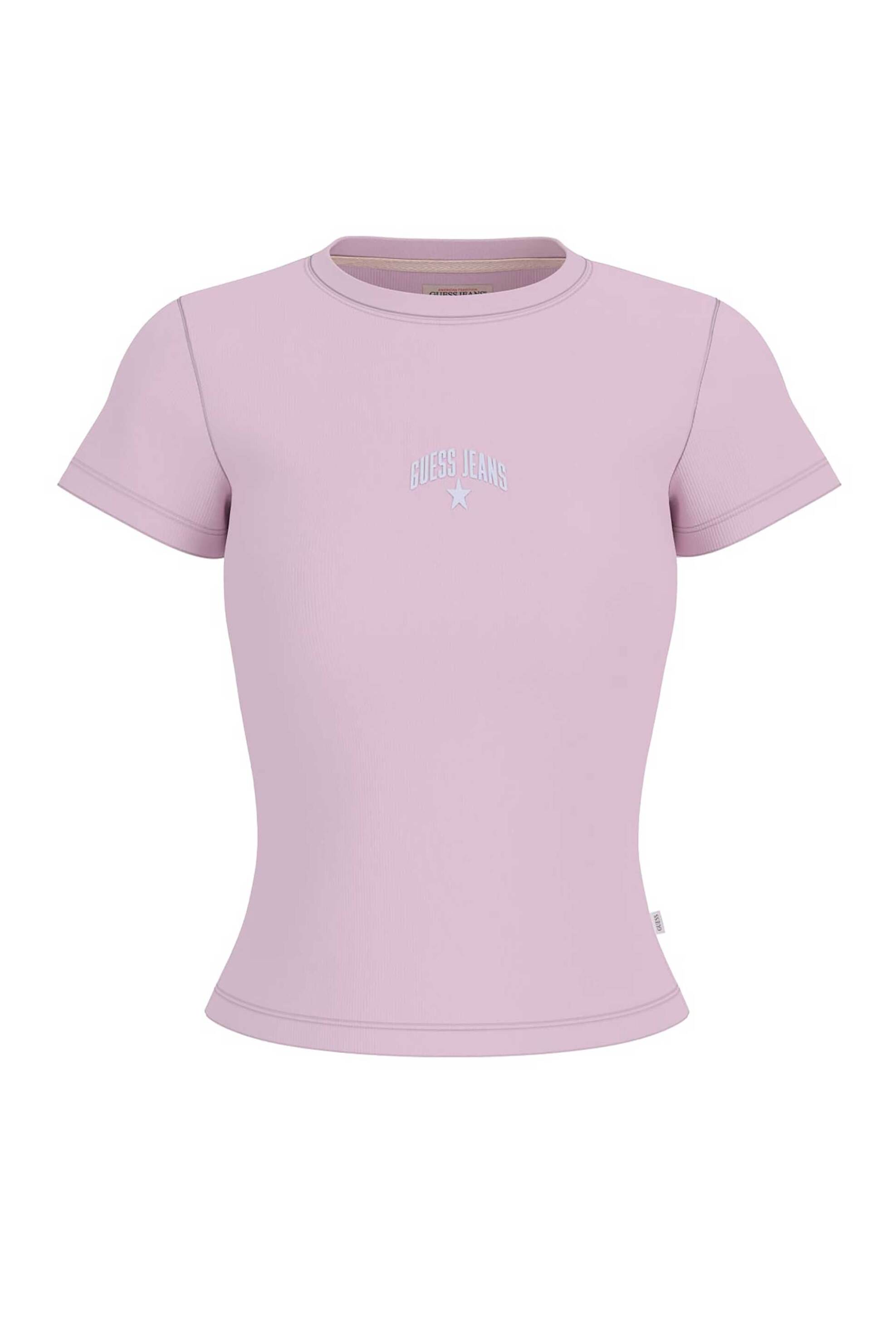 Guess γυναικείο T-shirt ribbed με κεντημένο λογότυπο Slim Fit - W6GPZ3KA0H1 Ροζ