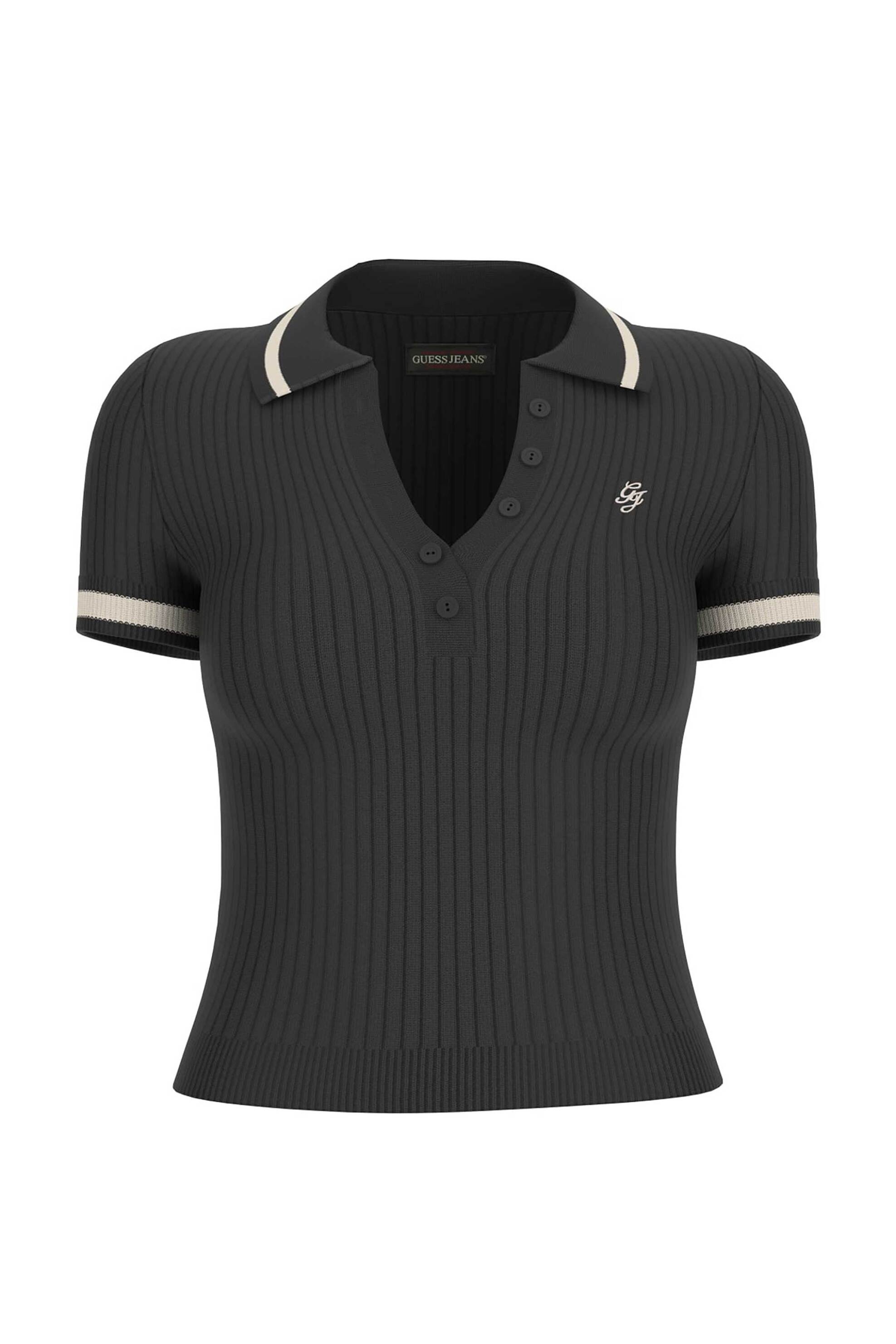 Guess γυναικεία πλεκτή μπλούζα πόλο cropped ribbed με κεντημένο monogram Slim Fit - W6GRZ1Z3P32 Μαύρο