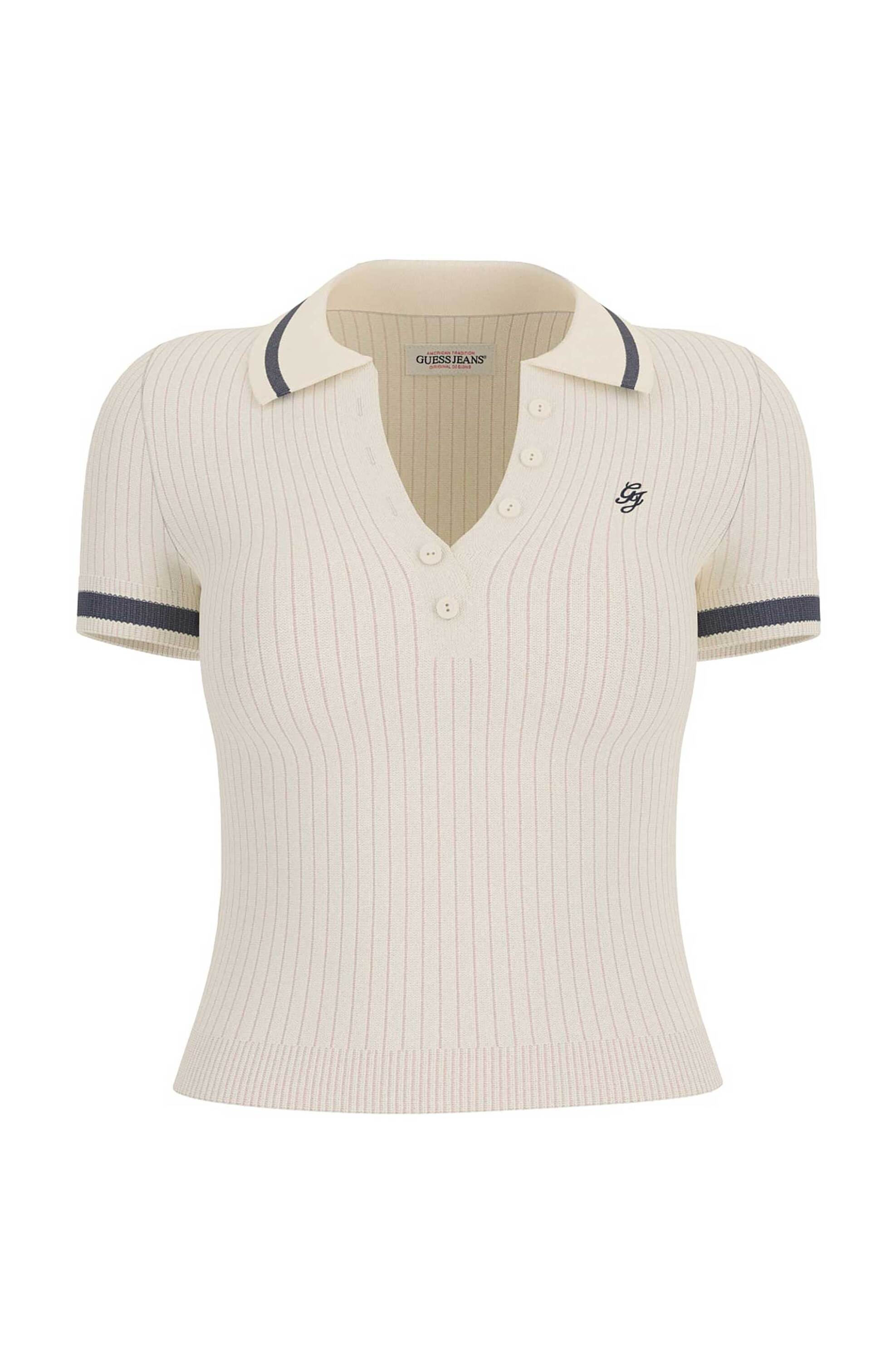 Guess γυναικεία πλεκτή μπλούζα πόλο cropped ribbed με κεντημένο monogram Slim Fit - W6GRZ1Z3P32 Λευκό