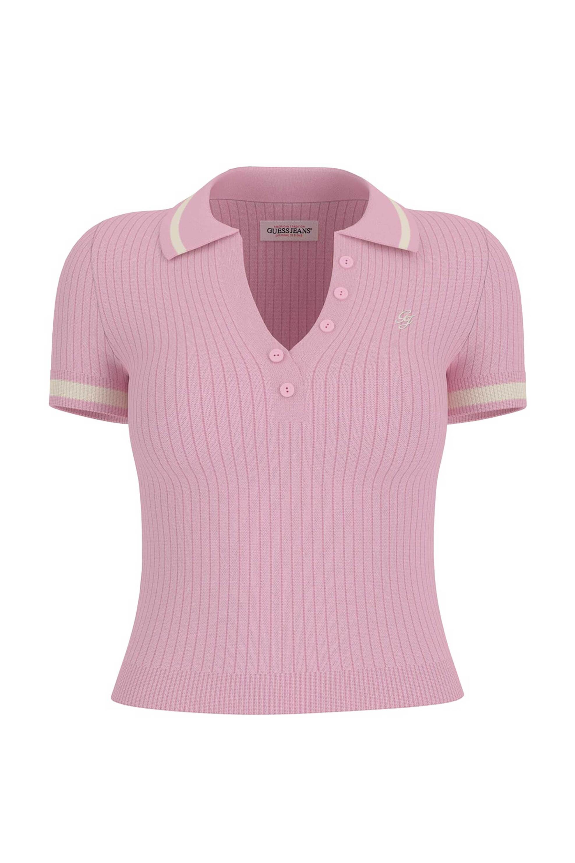 Guess γυναικεία πλεκτή μπλούζα πόλο cropped ribbed με κεντημένο monogram Slim Fit - W6GRZ1Z3P32 Ροζ