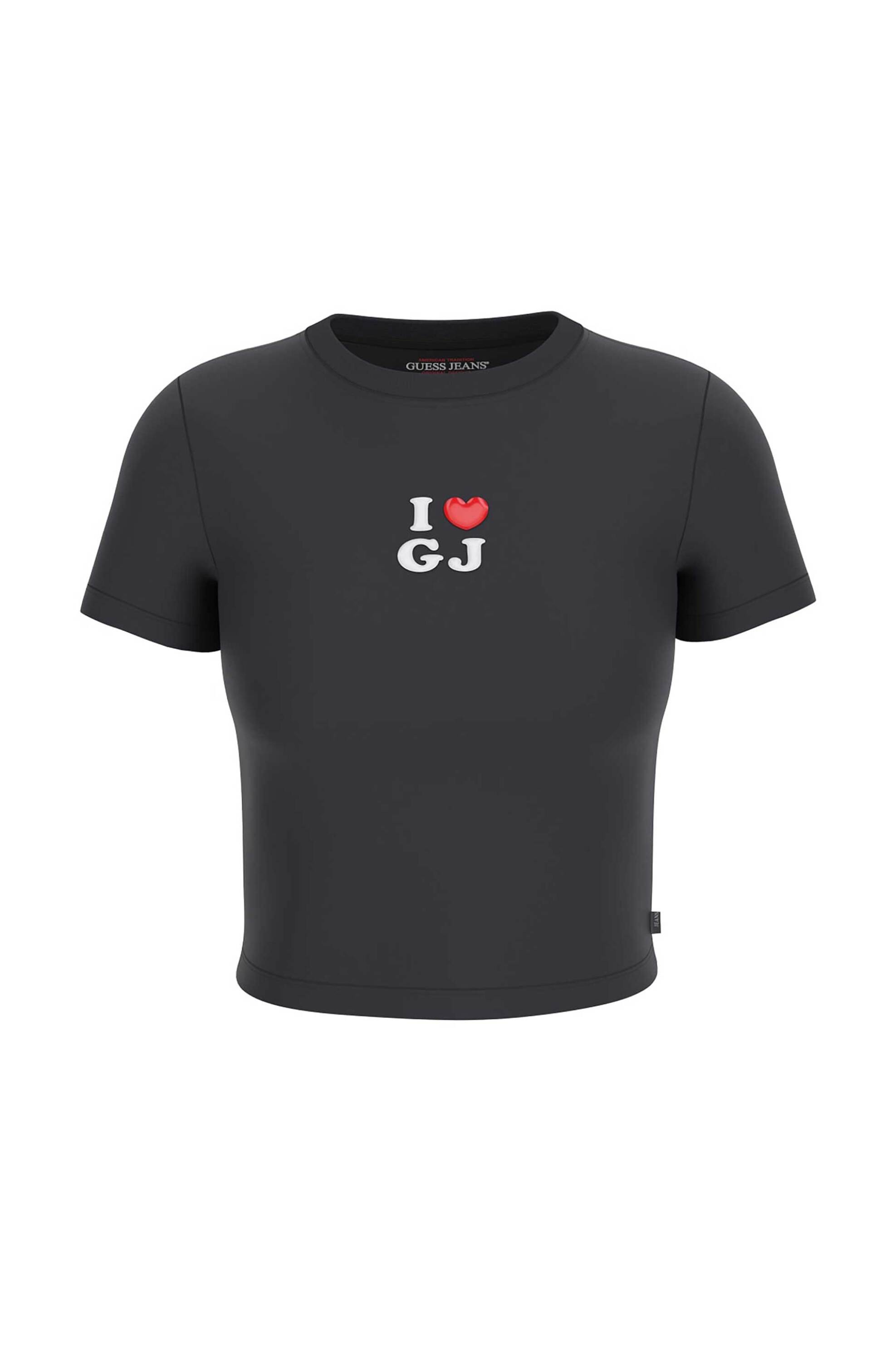 Guess γυναικείο T-shirt cropped με print Slim Fit - W6GIB1J1314 Μαύρο