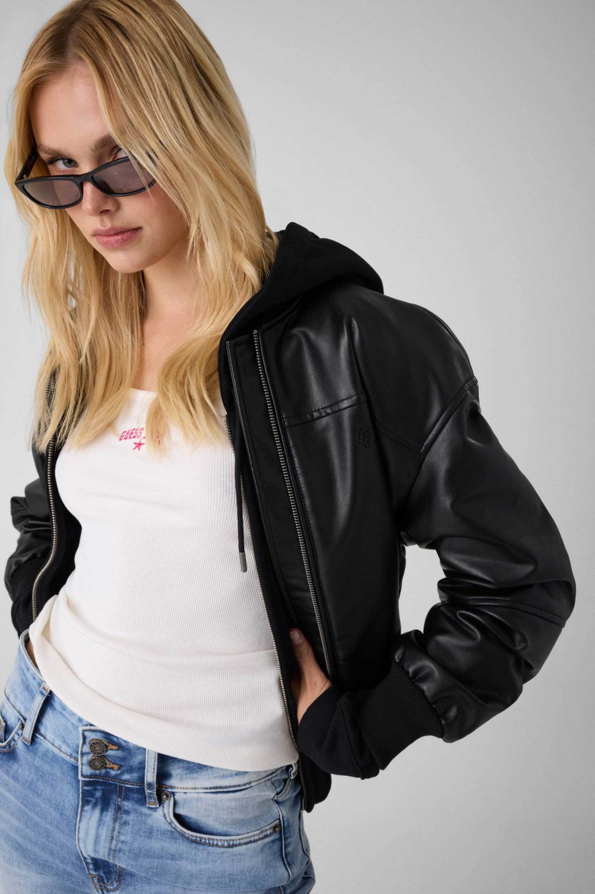 Guess γυναικείο bomber jacket faux leather - W6YL01W2525 Μαύρο