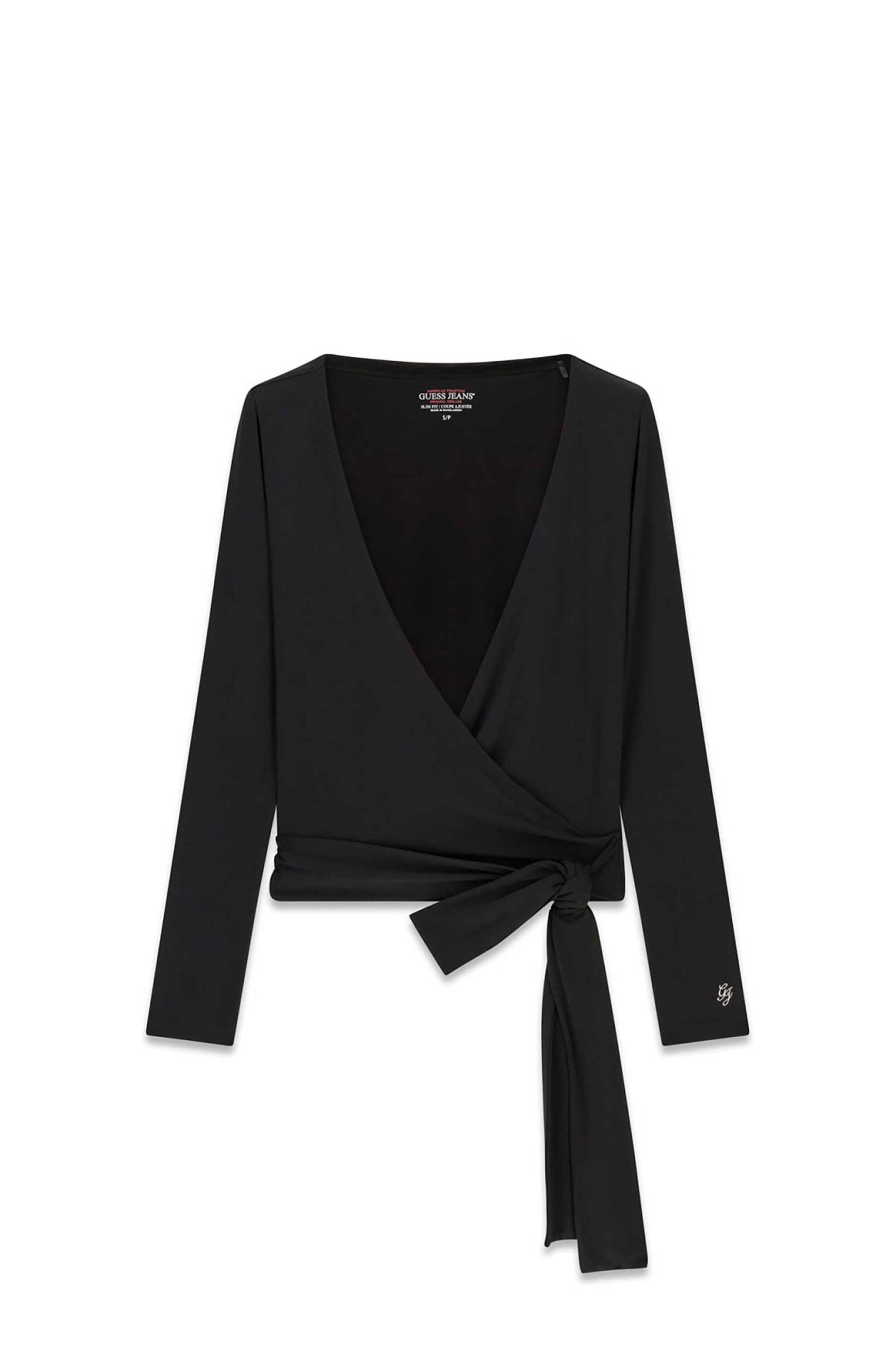 Guess γυναικεία cropped μπλούζα κρουαζέ με κεντημένο monogram Slim Fit - W6YP11K3816 Μαύρο