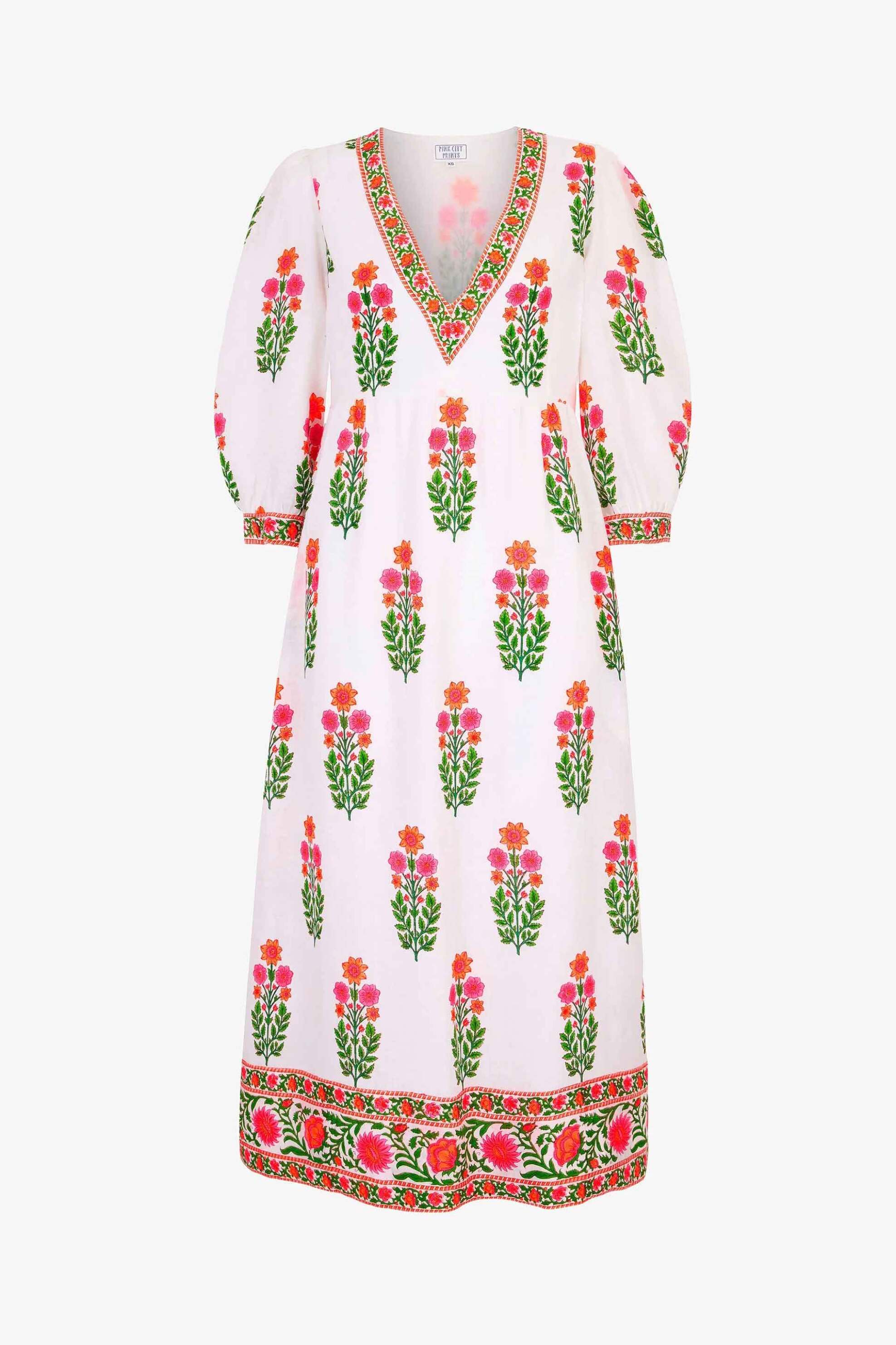 PINK CITY PRINTS Pink City Prints γυναικείο midi φόρεμα "Neon Botanical Pushkar" - Pushkar Λευκό - 4