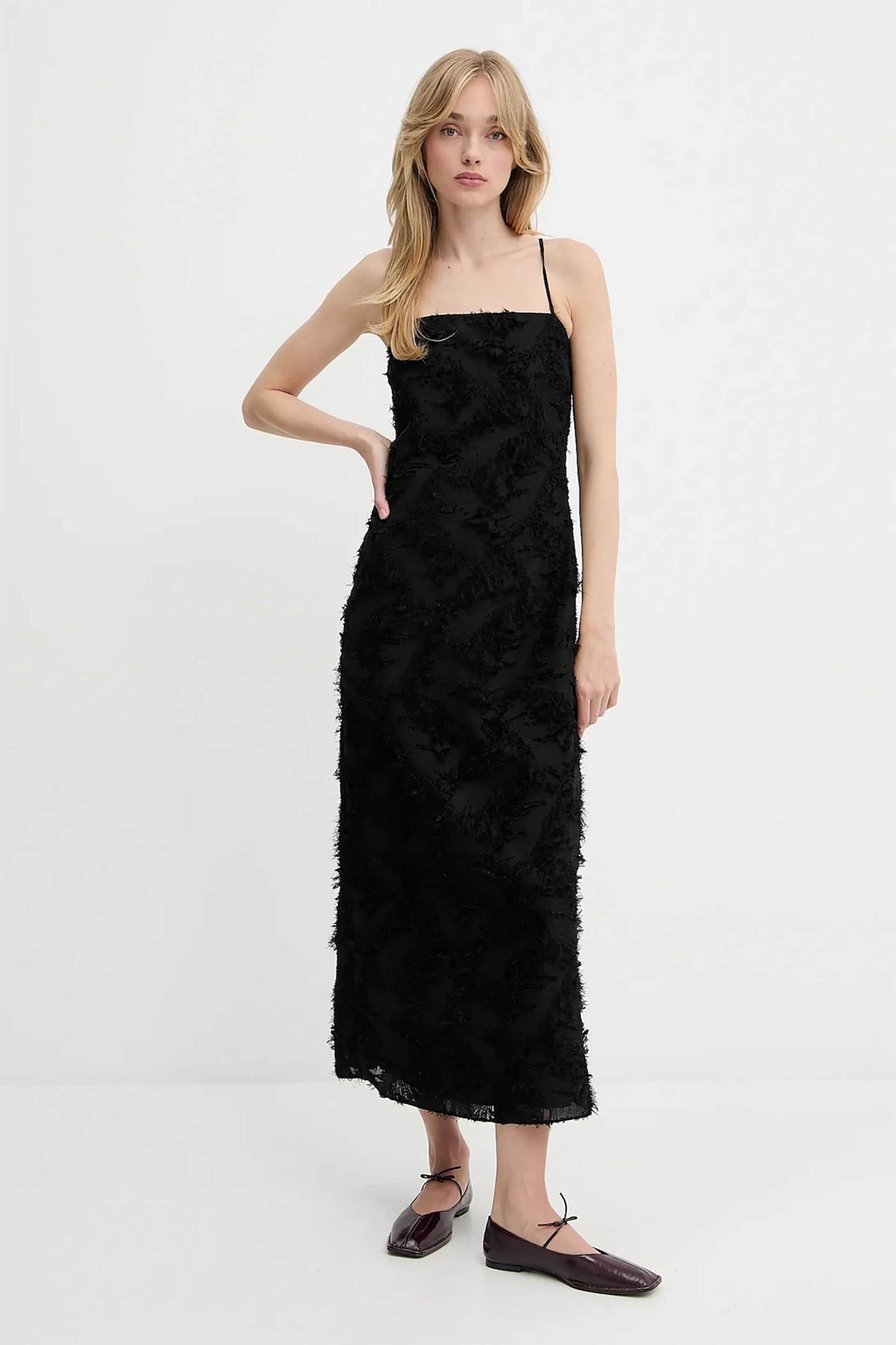 Samsøe Samsøe γυναικείο midi φόρεμα αμάνικο με ανάγλυφο σχέδιο "Salazio" - F25200087 Μαύρο