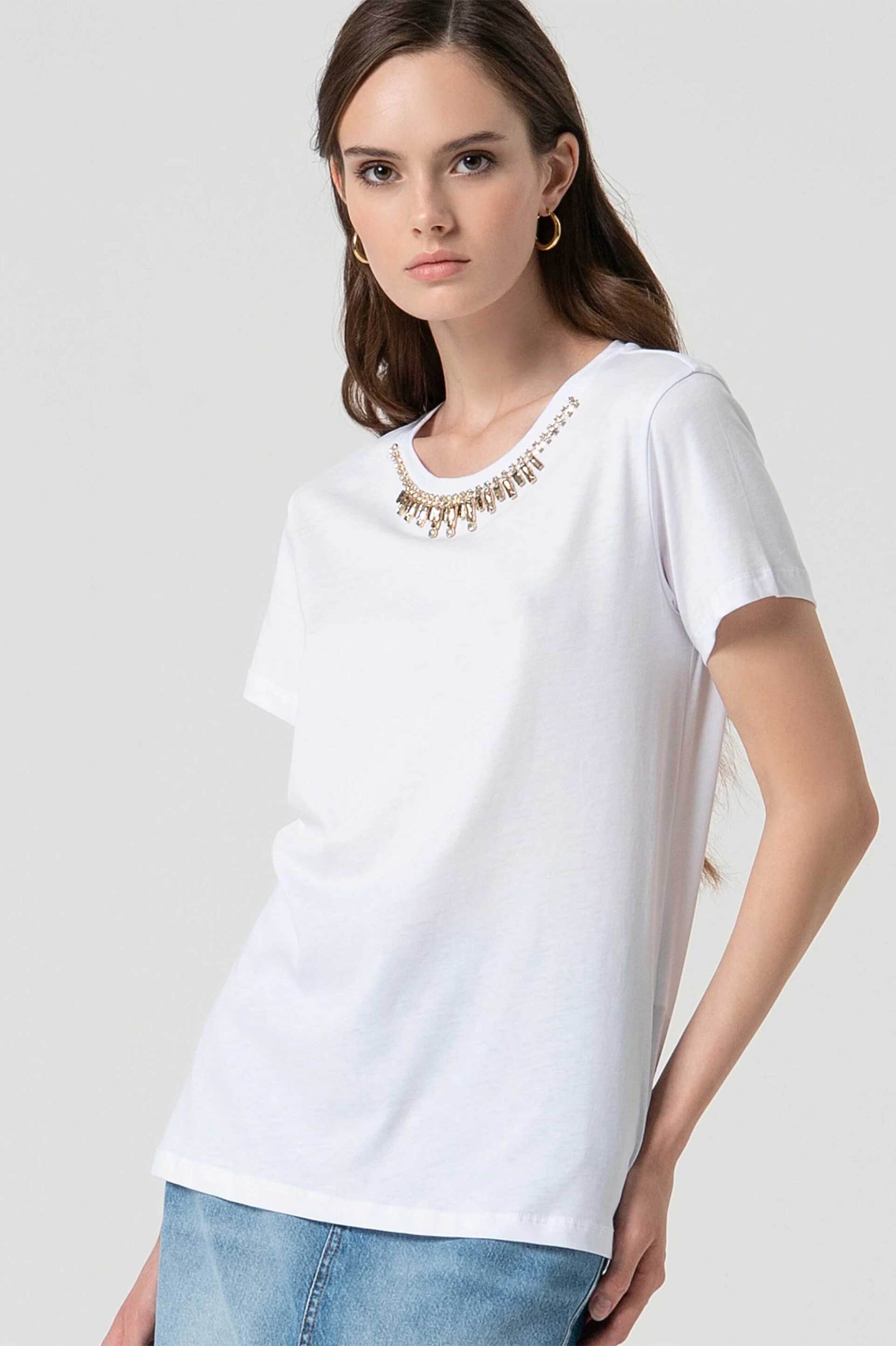 Fracomina γυναικείο Τ-shirt με στρας - FS25ST3002J400R9-278 Λευκό φωτογραφία