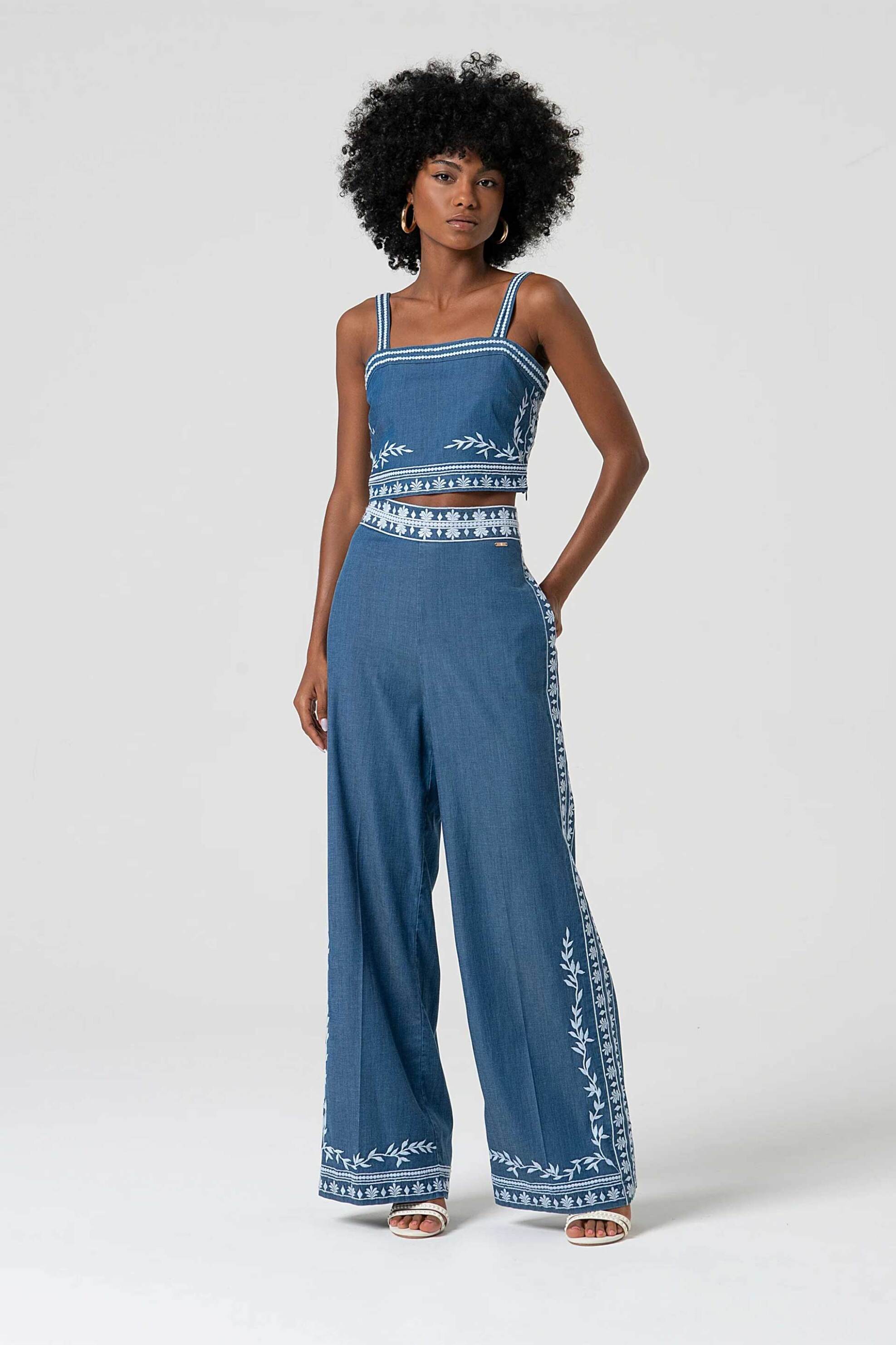 FRACOMINA Fracomina γυναικείο παντελόνι palazzo denim με κέντημα - FS25SV3015W792E5-175 Denim Blue