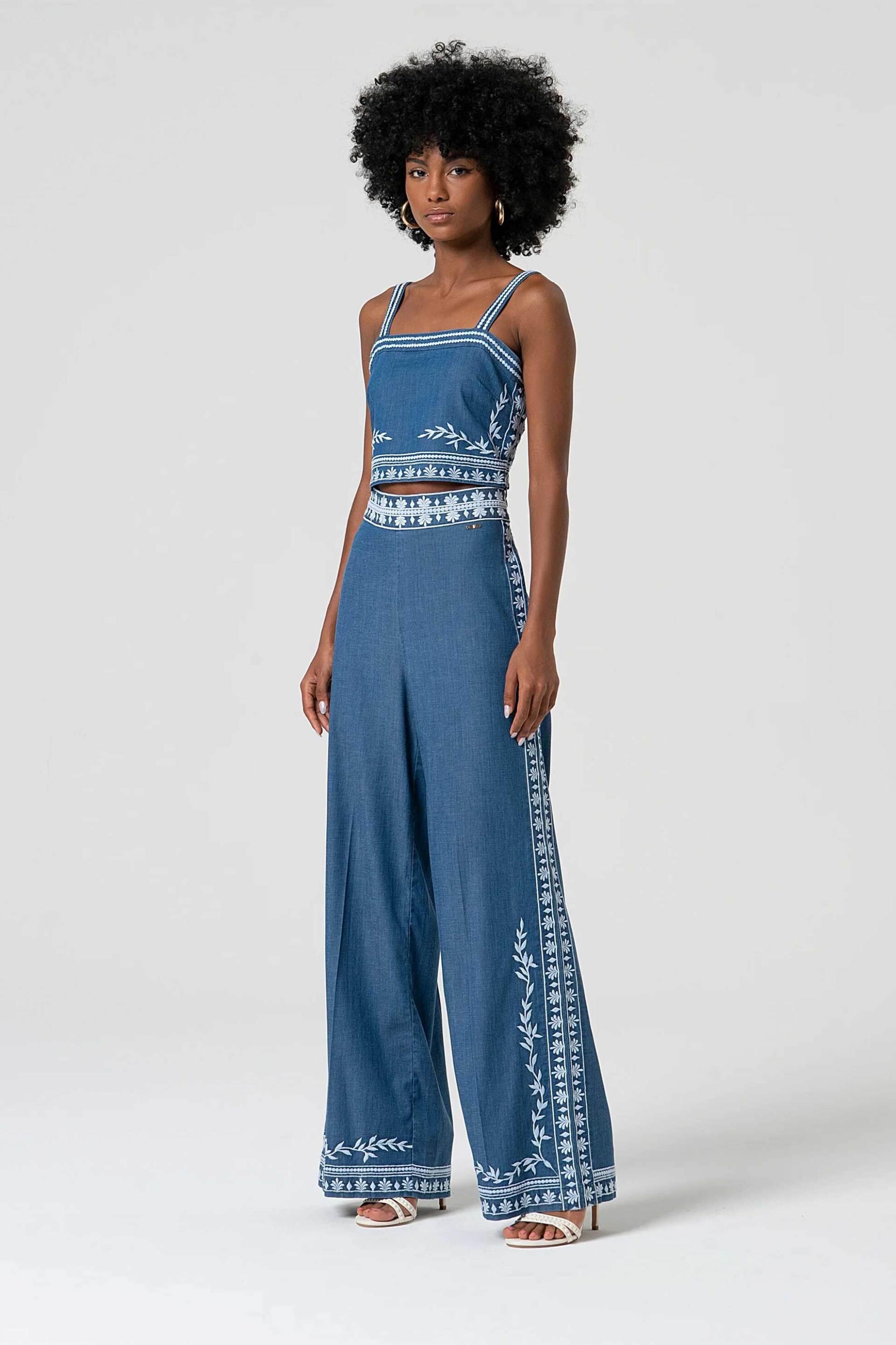FRACOMINA Fracomina γυναικείο παντελόνι palazzo denim με κέντημα - FS25SV3015W792E5-175 Denim Blue - 2
