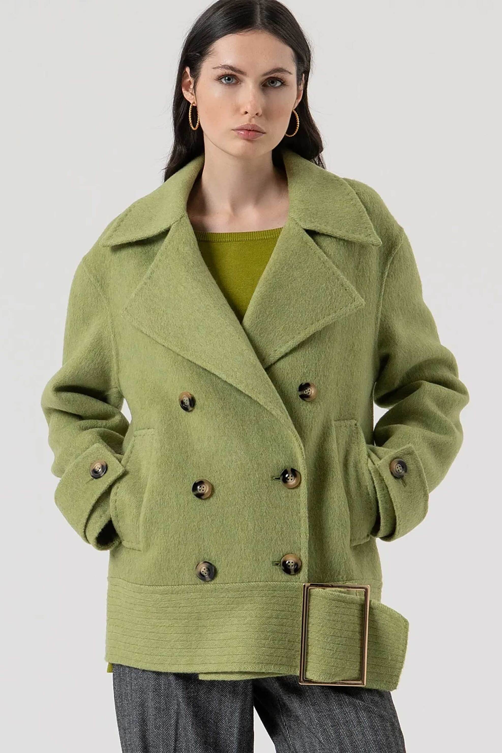 FRACOMINA Fracomina γυναικείο παλτό με ζώνη και μπουκλέ υφή - FR25WC1003W80201-T52 Πράσινο