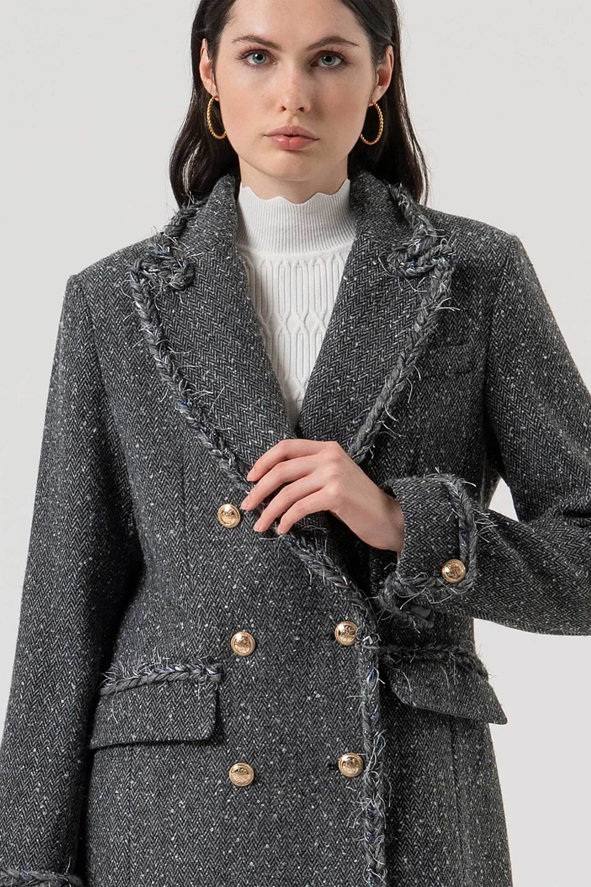 Fracomina γυναικείο maxi tweed παλτό Slim Fit - FR25WC1008W810J1-159 Γκρι φωτογραφία