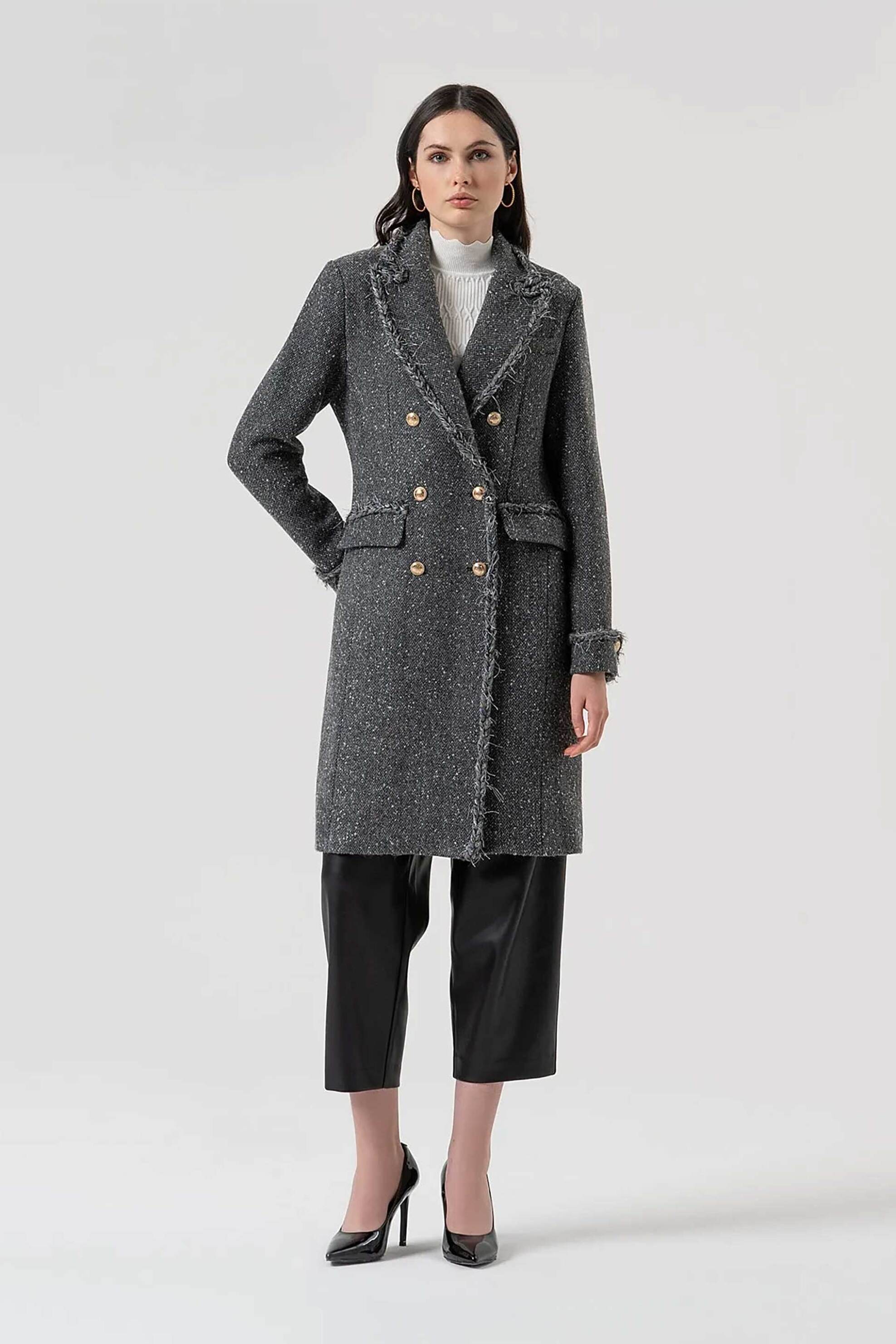 Fracomina γυναικείο maxi tweed παλτό Slim Fit - FR25WC1008W810J1-159 Γκρι φωτογραφία