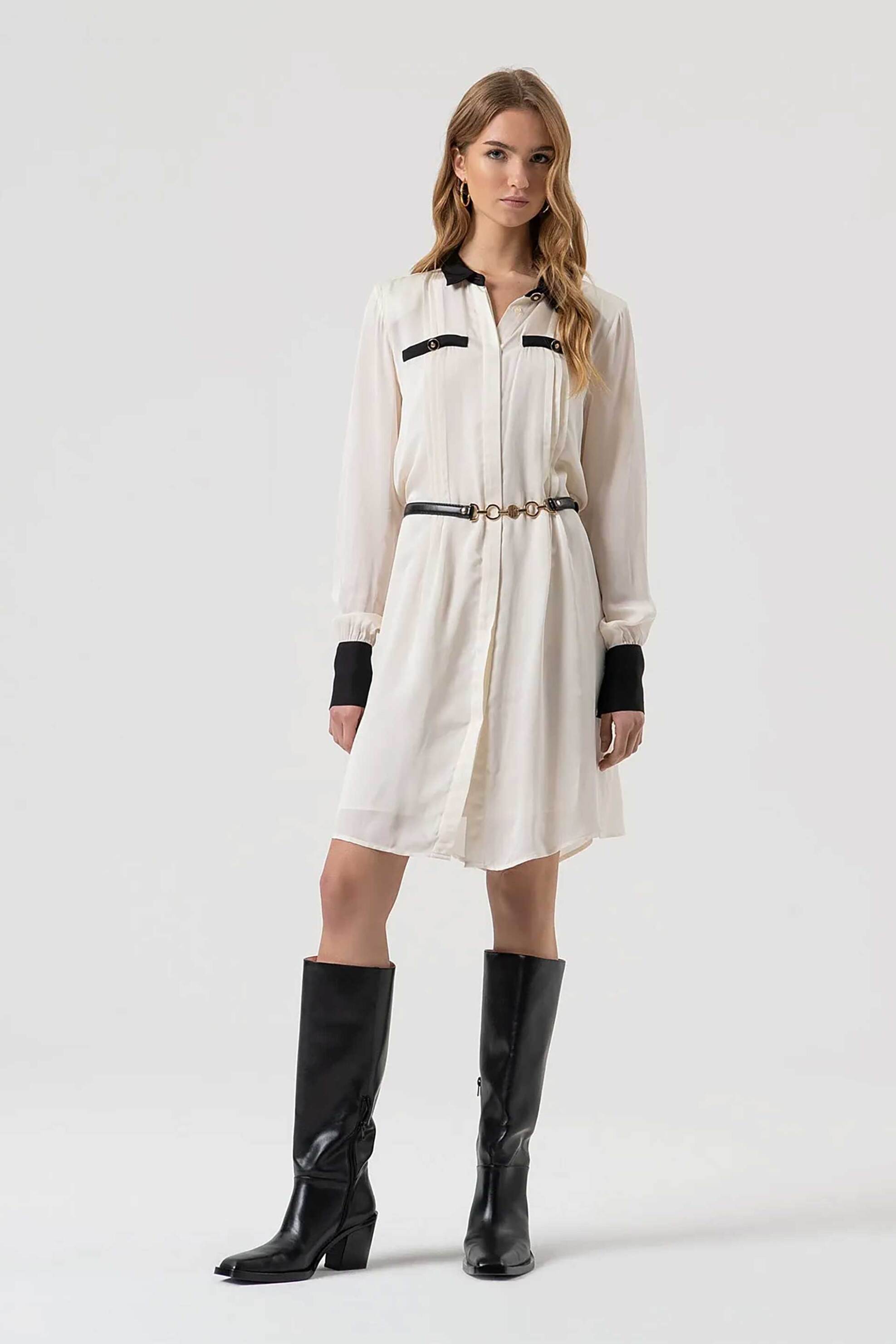 FRACOMINA Fracomina γυναικείο mini φόρεμα σεμιζιέ με ζώνη Standard Fit - FR25WD1011W80701-109 Ασπρόμαυρο