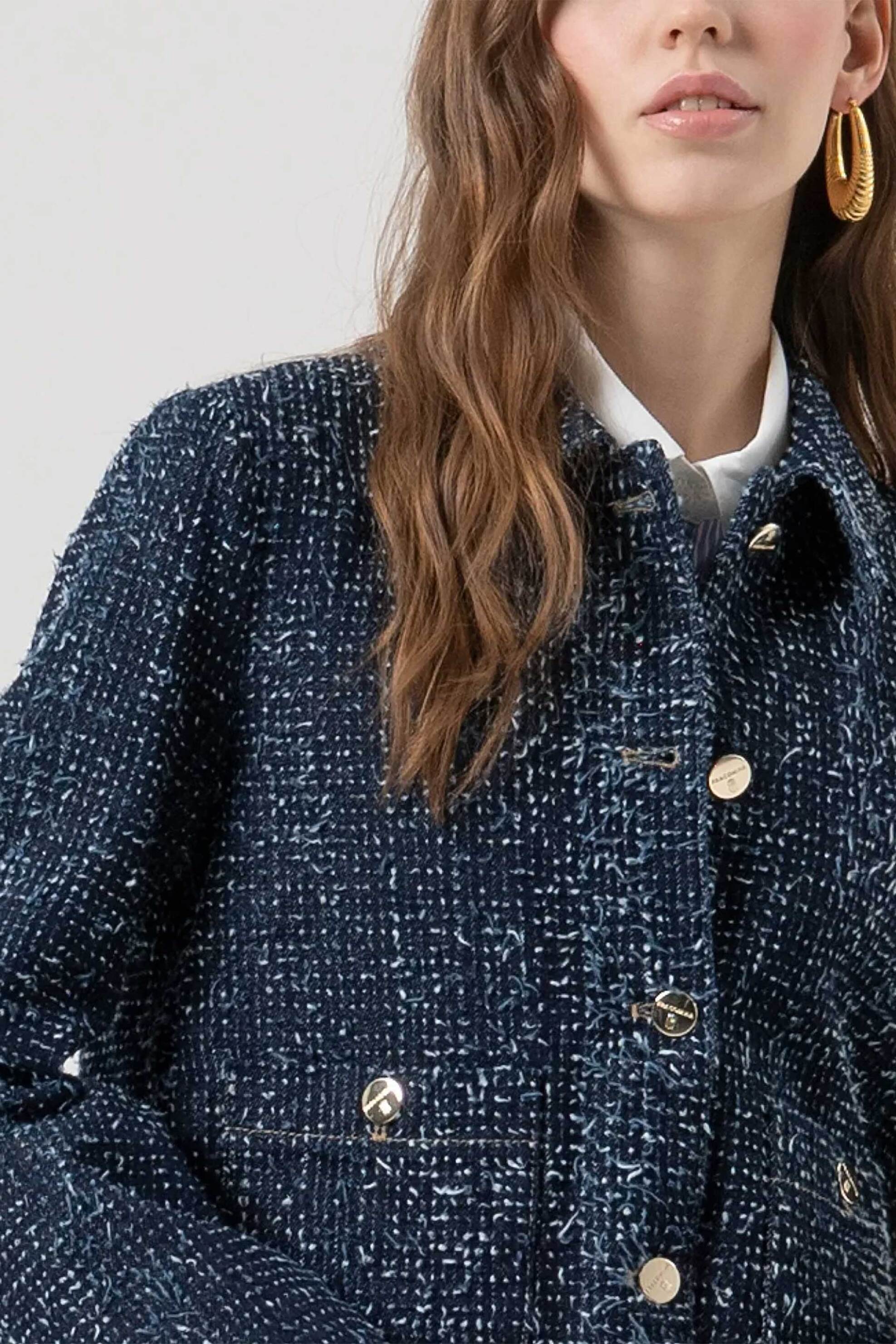 Fracomina γυναικείο denim σακάκι με μπουκλέ υφή - FR25WJ4011D419F7-117 Μπλε Σκούρο φωτογραφία