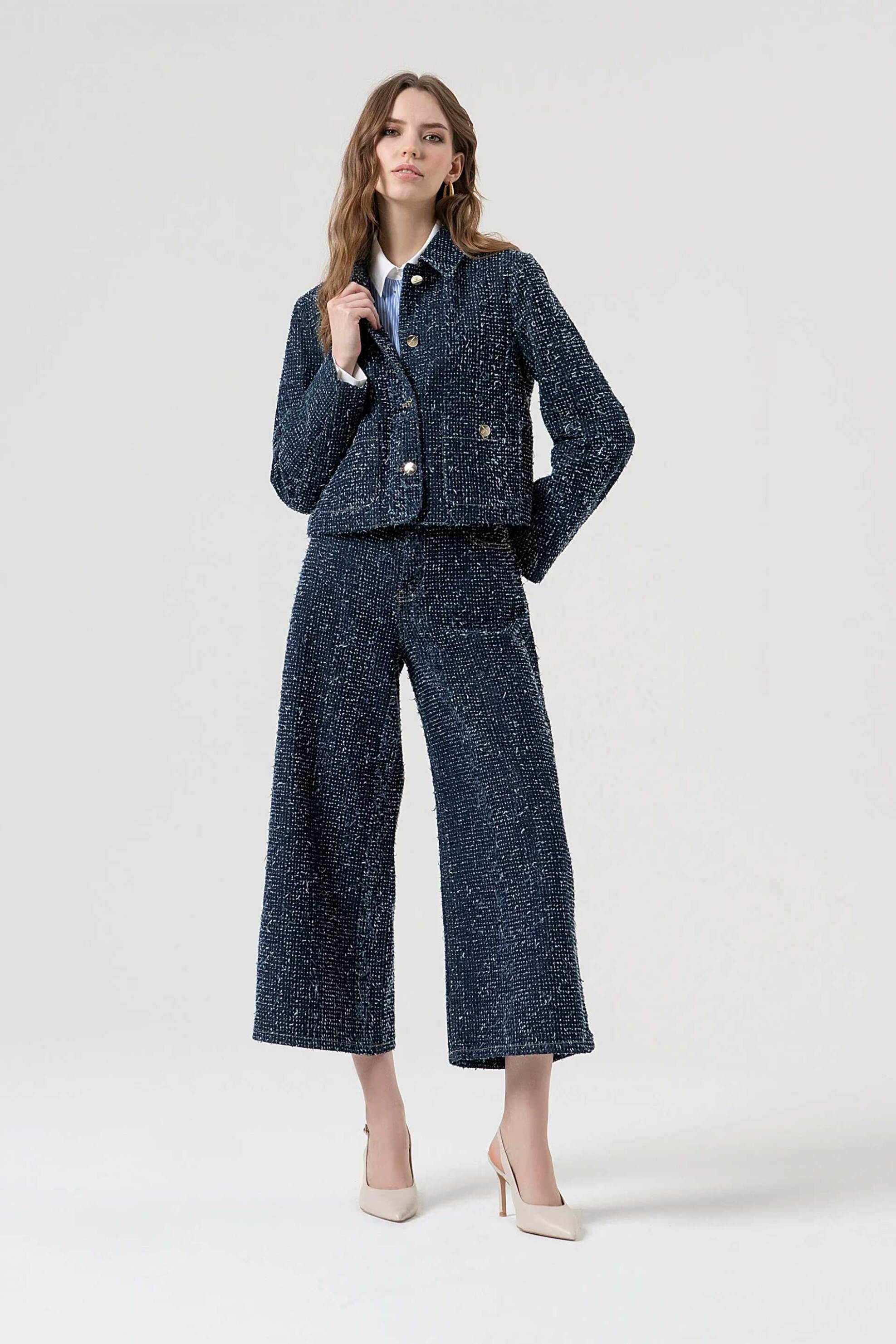 Fracomina γυναικείο denim σακάκι με μπουκλέ υφή - FR25WJ4011D419F7-117 Μπλε Σκούρο φωτογραφία