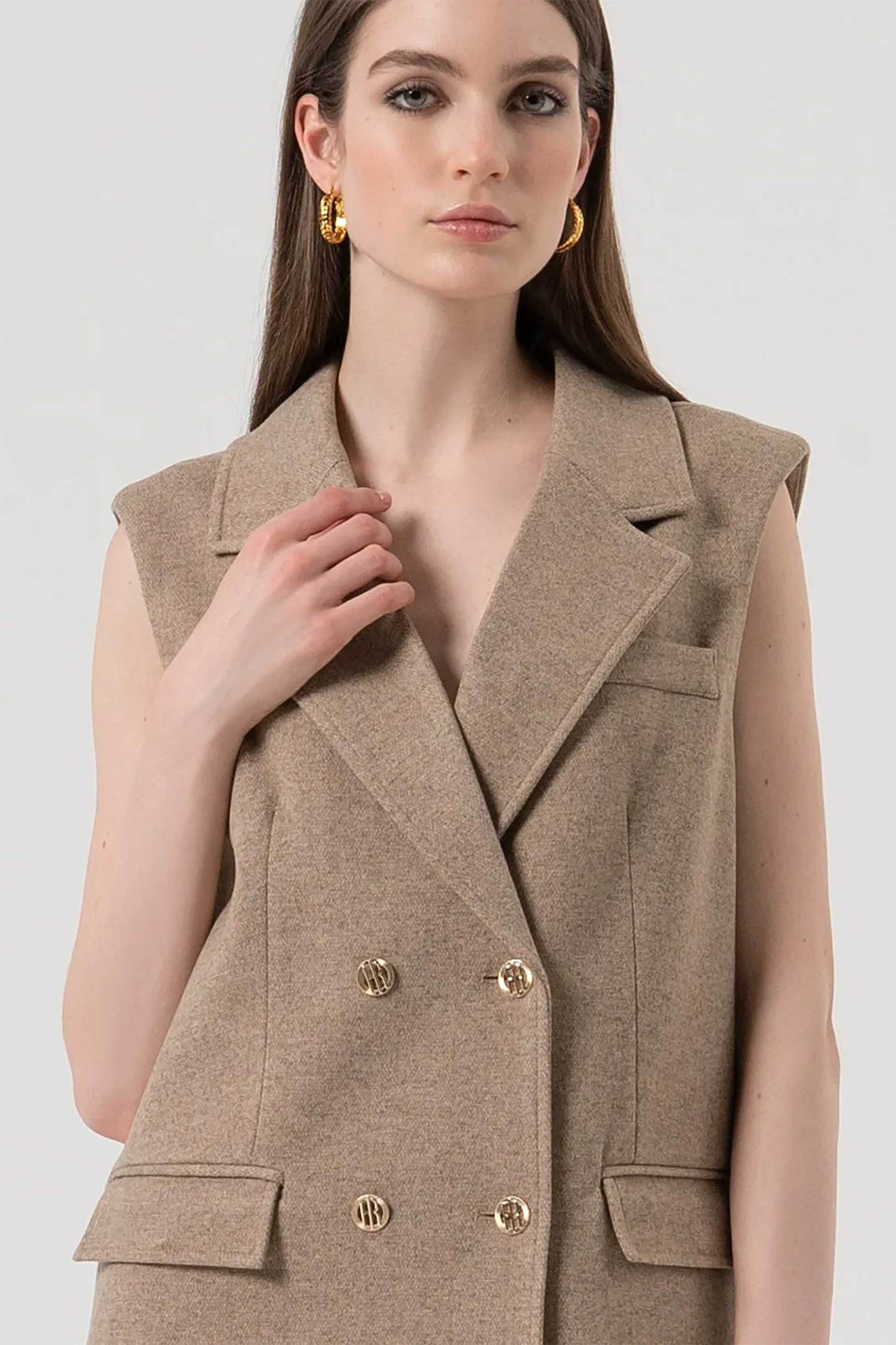 Fracomina γυναικείο μακρύ αμάνικο γιλέκο - FR25WJ5015W80501-L46 Μπεζ φωτογραφία