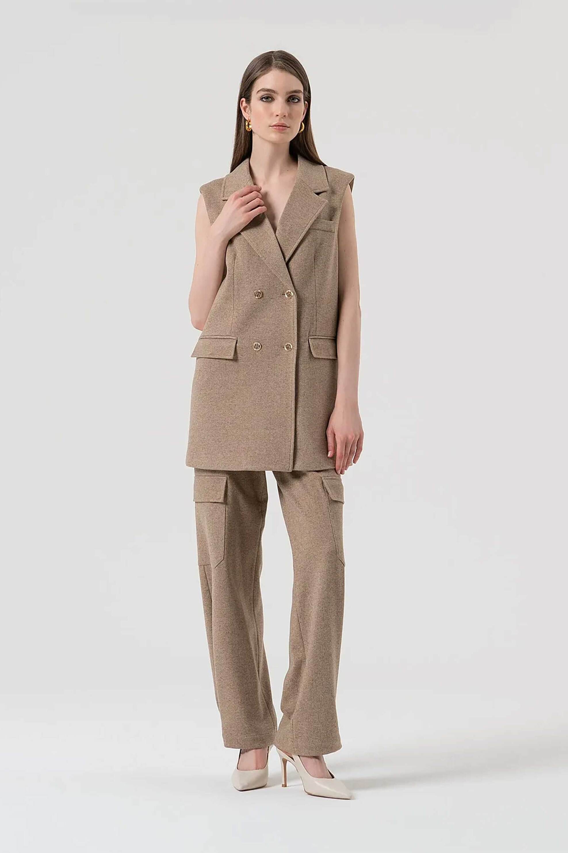 Fracomina γυναικείο μακρύ αμάνικο γιλέκο - FR25WJ5015W80501-L46 Μπεζ φωτογραφία