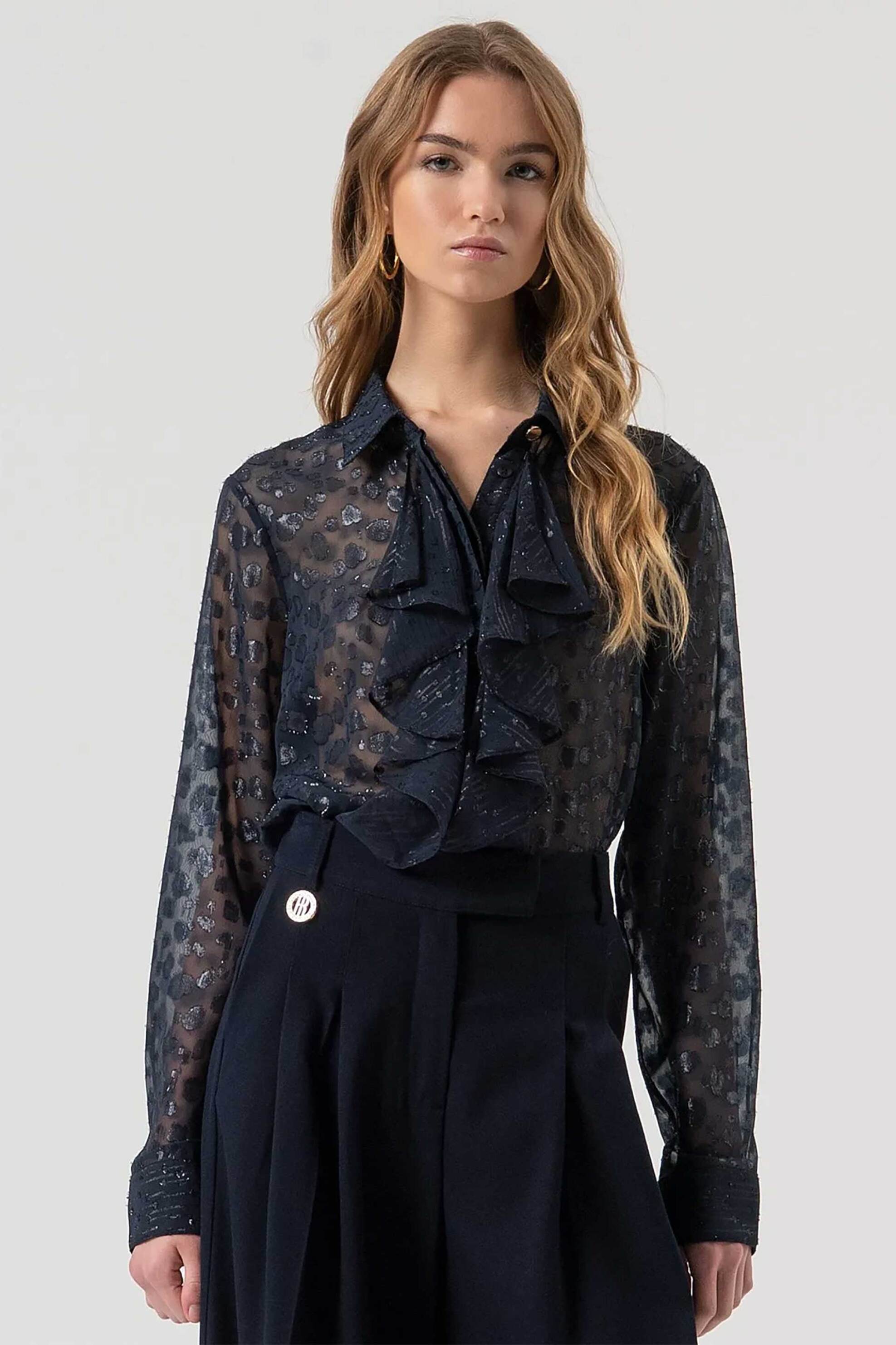 FRACOMINA Fracomina γυναικείο πουκάμισο με βολάν και διάτρητο σχέδιο Regular Fit - FR25WT6009W406F8-117 Μπλε Σκούρο