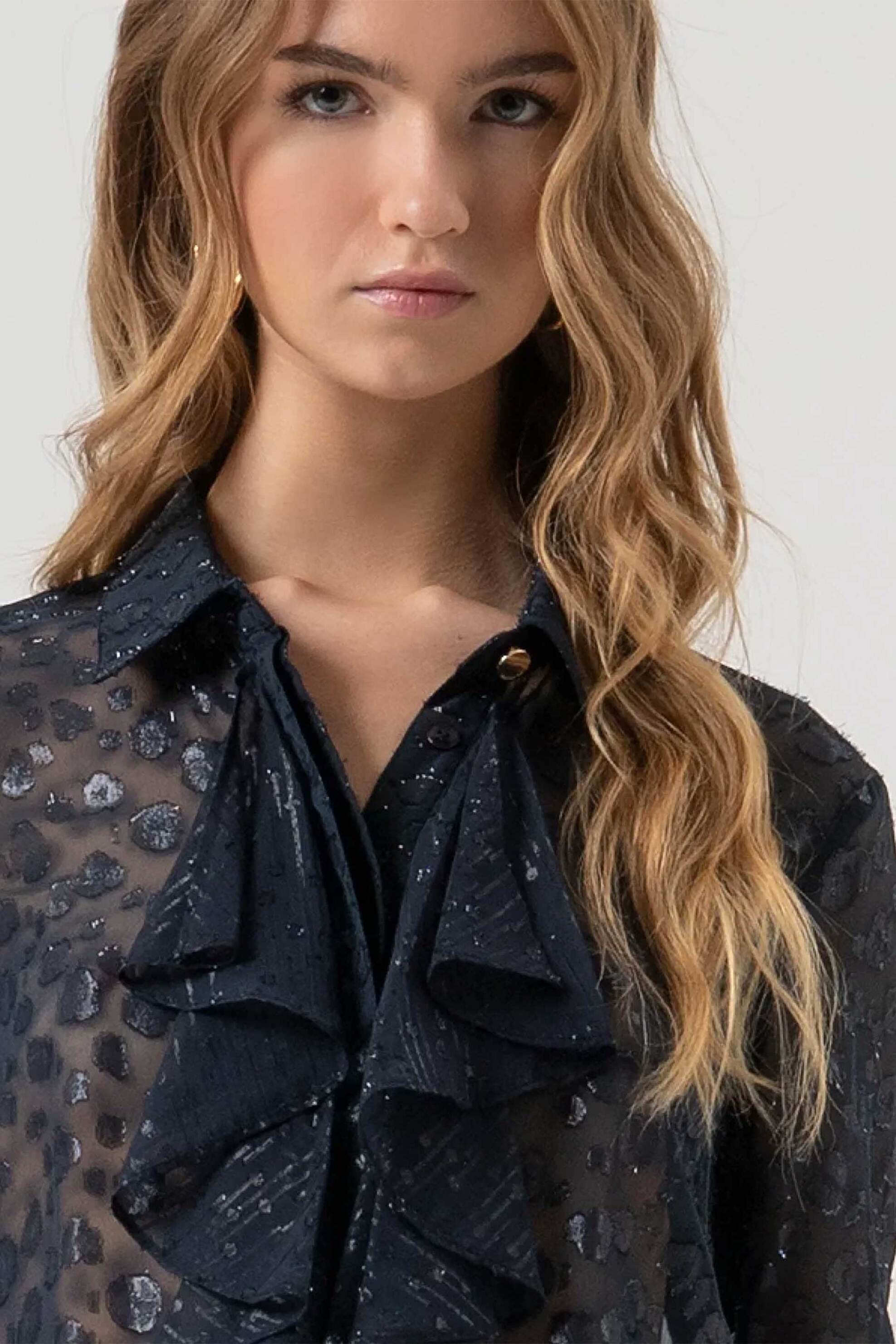 Fracomina γυναικείο πουκάμισο με βολάν και διάτρητο σχέδιο Regular Fit - FR25WT6009W406F8-117 Μπλε Σκούρο φωτογραφία