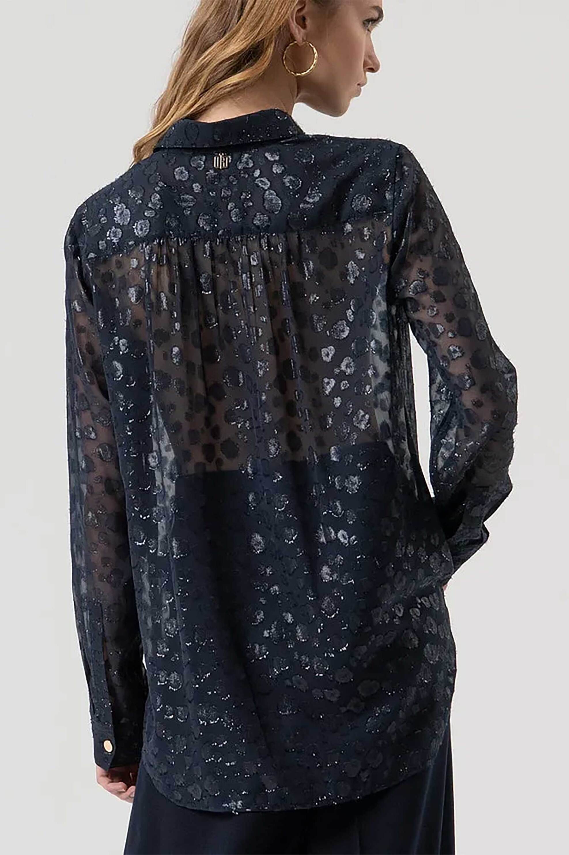 Fracomina γυναικείο πουκάμισο με βολάν και διάτρητο σχέδιο Regular Fit - FR25WT6009W406F8-117 Μπλε Σκούρο φωτογραφία