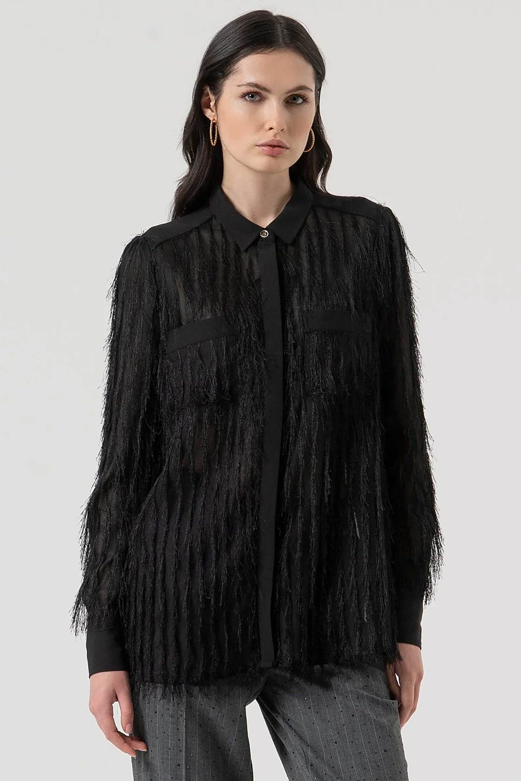 FRACOMINA Fracomina γυναικείο πουκάμισο με κρόσσια Regular Fit - FR25WT6018W63001-053 Μαύρο