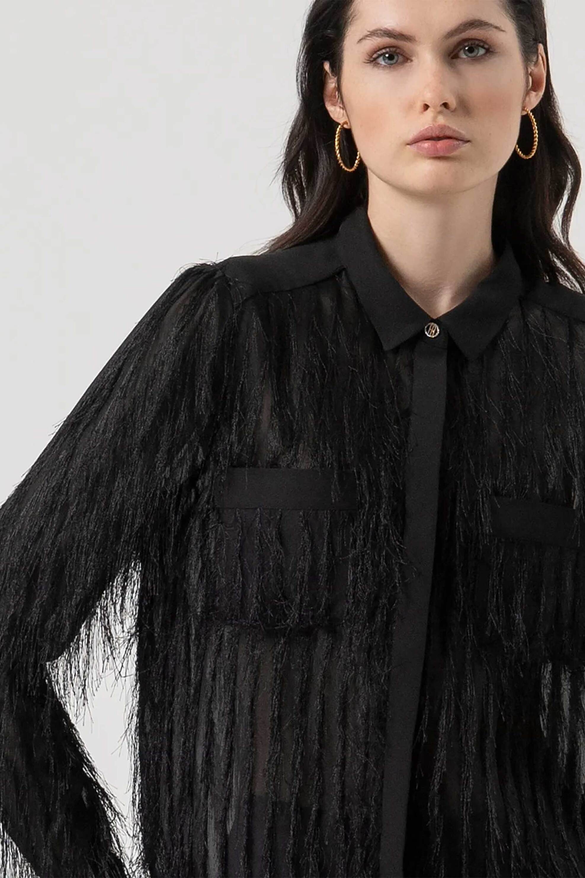 Fracomina γυναικείο πουκάμισο με κρόσσια Regular Fit - FR25WT6018W63001-053 Μαύρο φωτογραφία