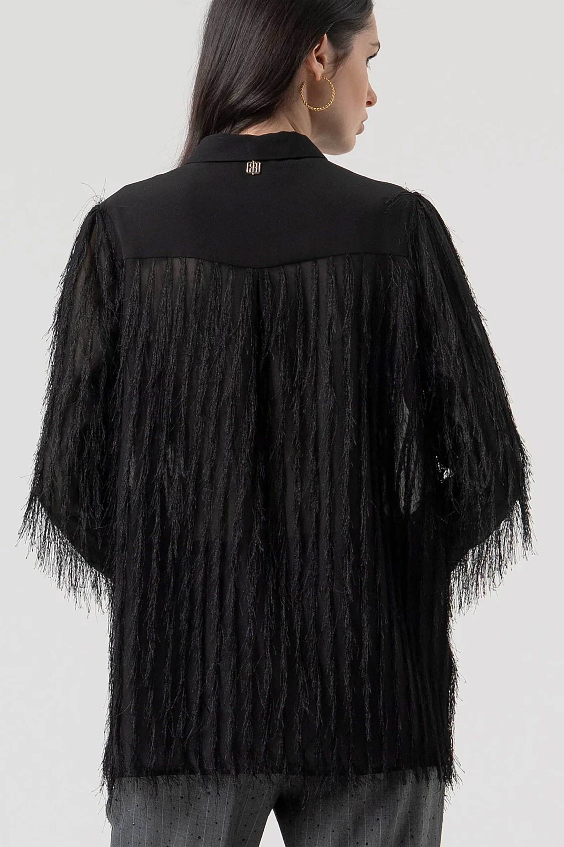 Fracomina γυναικείο πουκάμισο με κρόσσια Regular Fit - FR25WT6018W63001-053 Μαύρο φωτογραφία