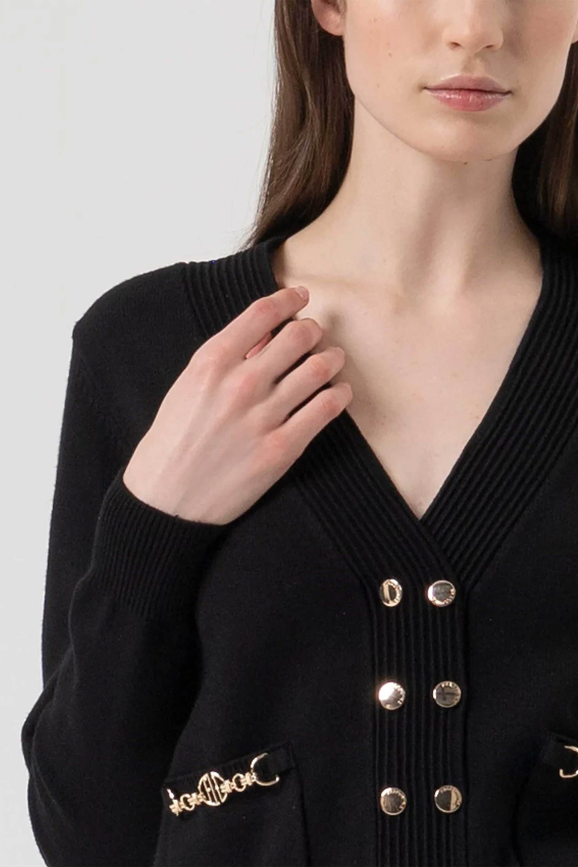 Fracomina γυναικεία ζακέτα με χρυσά κουμπιά και αγκράφες ribbed Regular Fit - FR25WT8010K55601-053 Μαύρο φωτογραφία