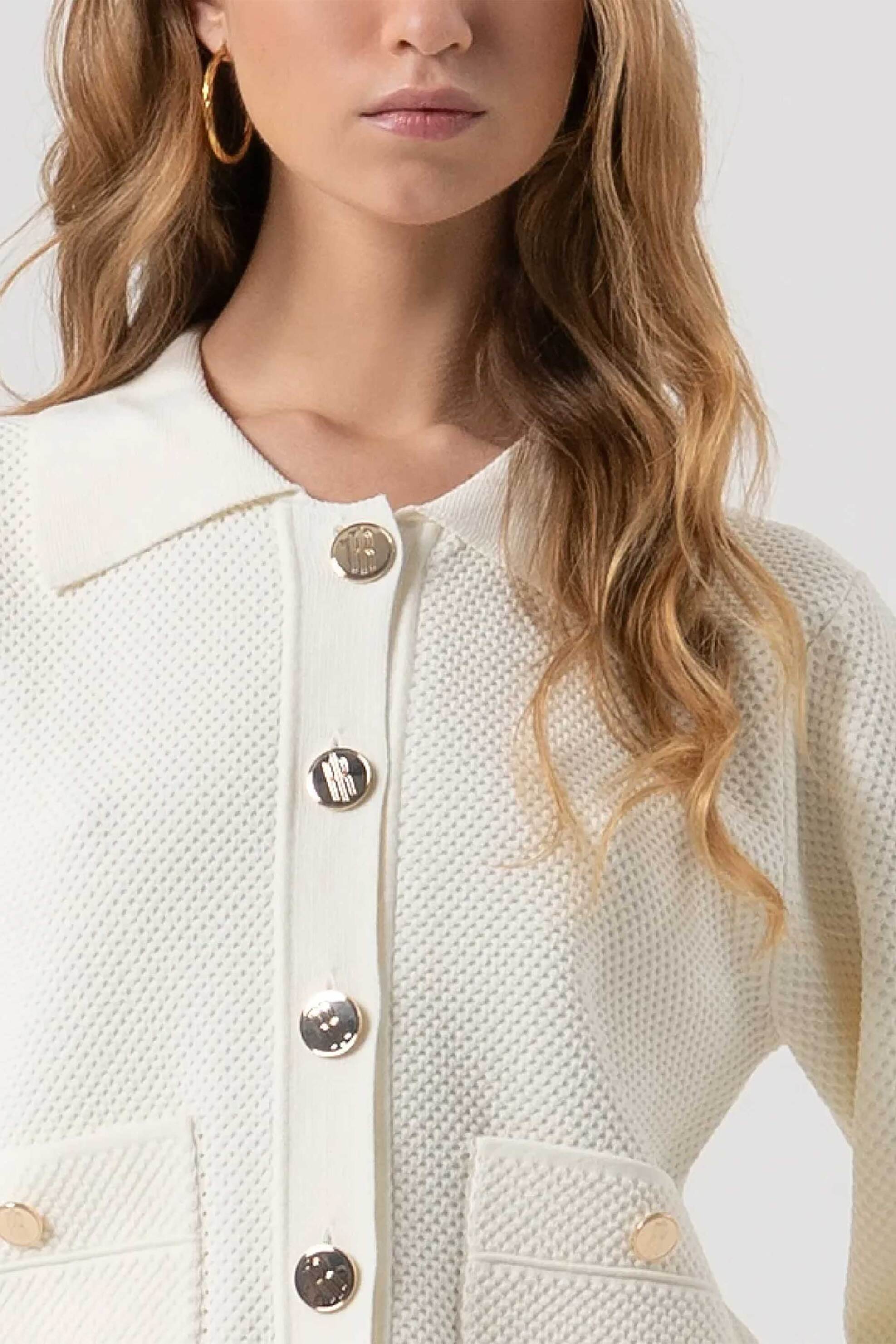 Fracomina γυναικείο σακάκι με χρυσά κουμπιά ribbed Regular Fit - FR25WT8017K55301-108 Κρέμ φωτογραφία