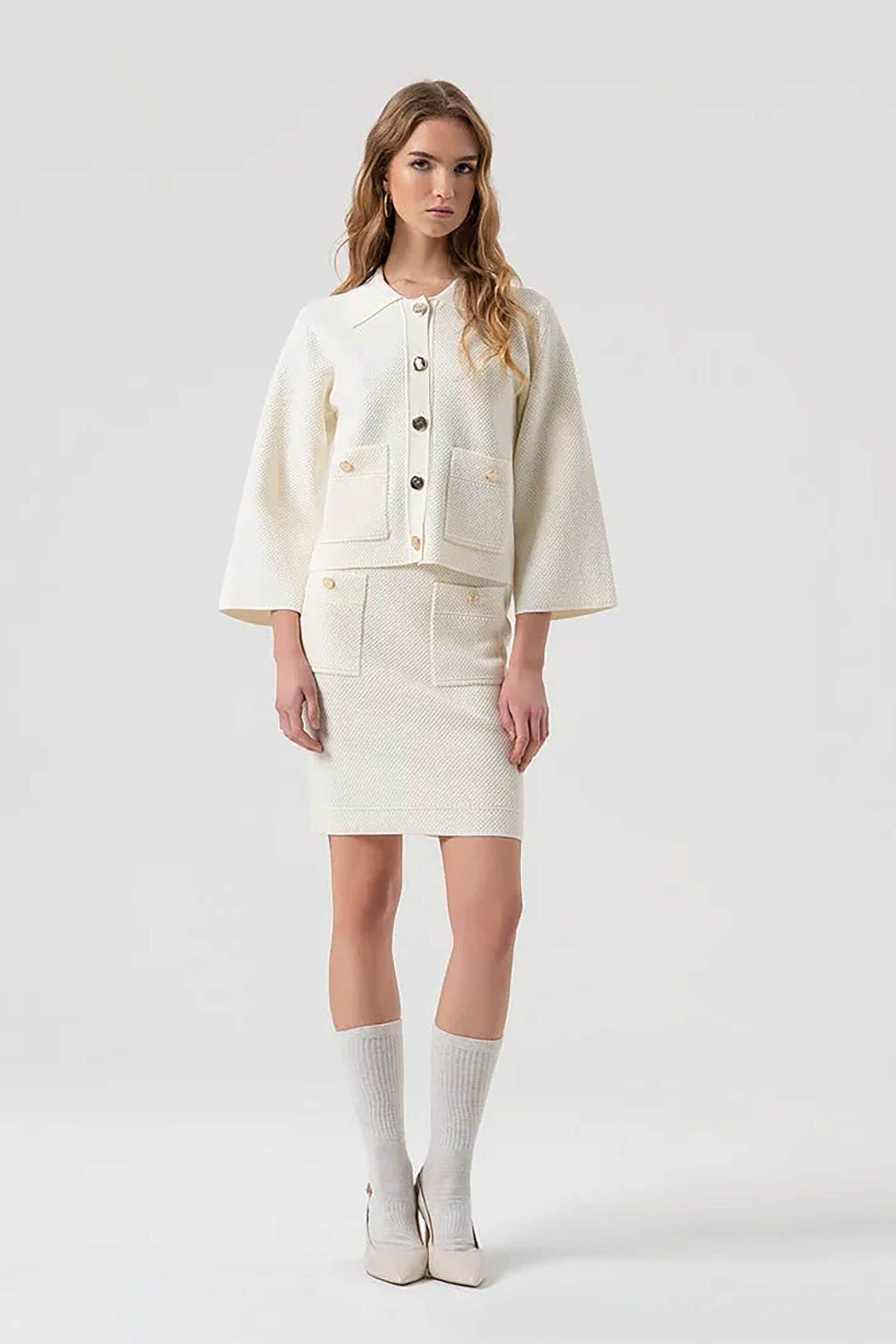 Fracomina γυναικείο σακάκι με χρυσά κουμπιά ribbed Regular Fit - FR25WT8017K55301-108 Κρέμ φωτογραφία