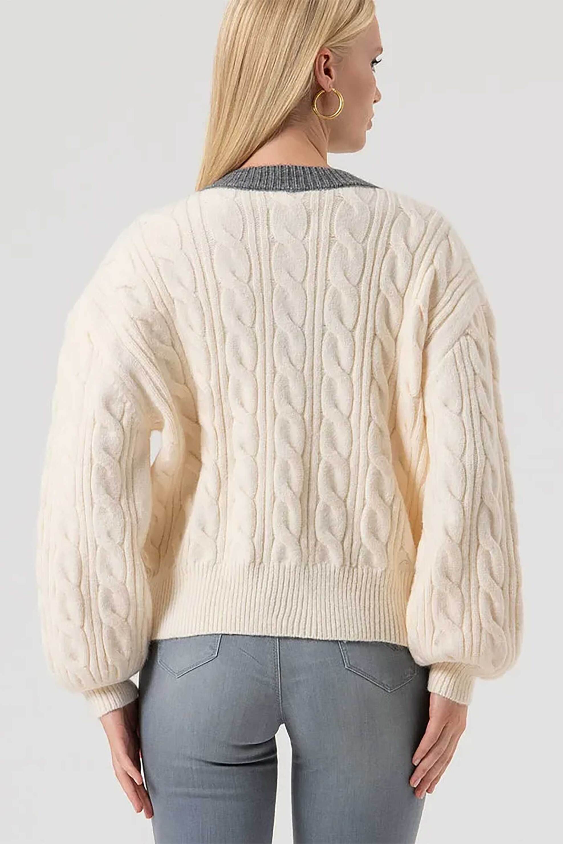 Fracomina γυναικεία πλεκτή ζακέτα με σχέδιο πλεξούδες και contrast λεπτομέρειες Regular Fit - FR25WT8031K55401-T56 Κρέμ φωτογραφία