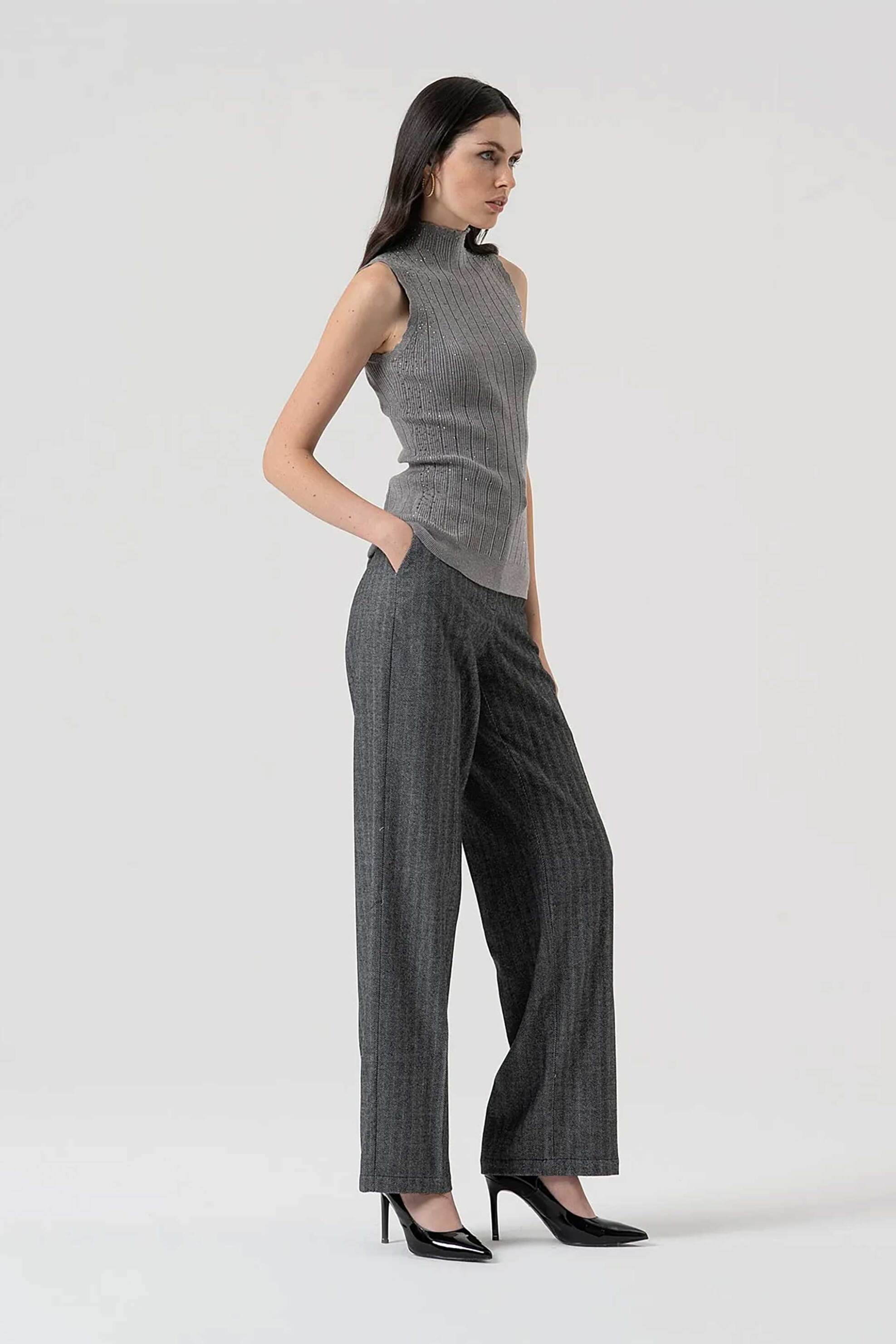 Fracomina γυναικείο παντελόνι με ριγέ σχέδιο Straight Fit - FR25WV2004W492W5-159 Γκρι φωτογραφία