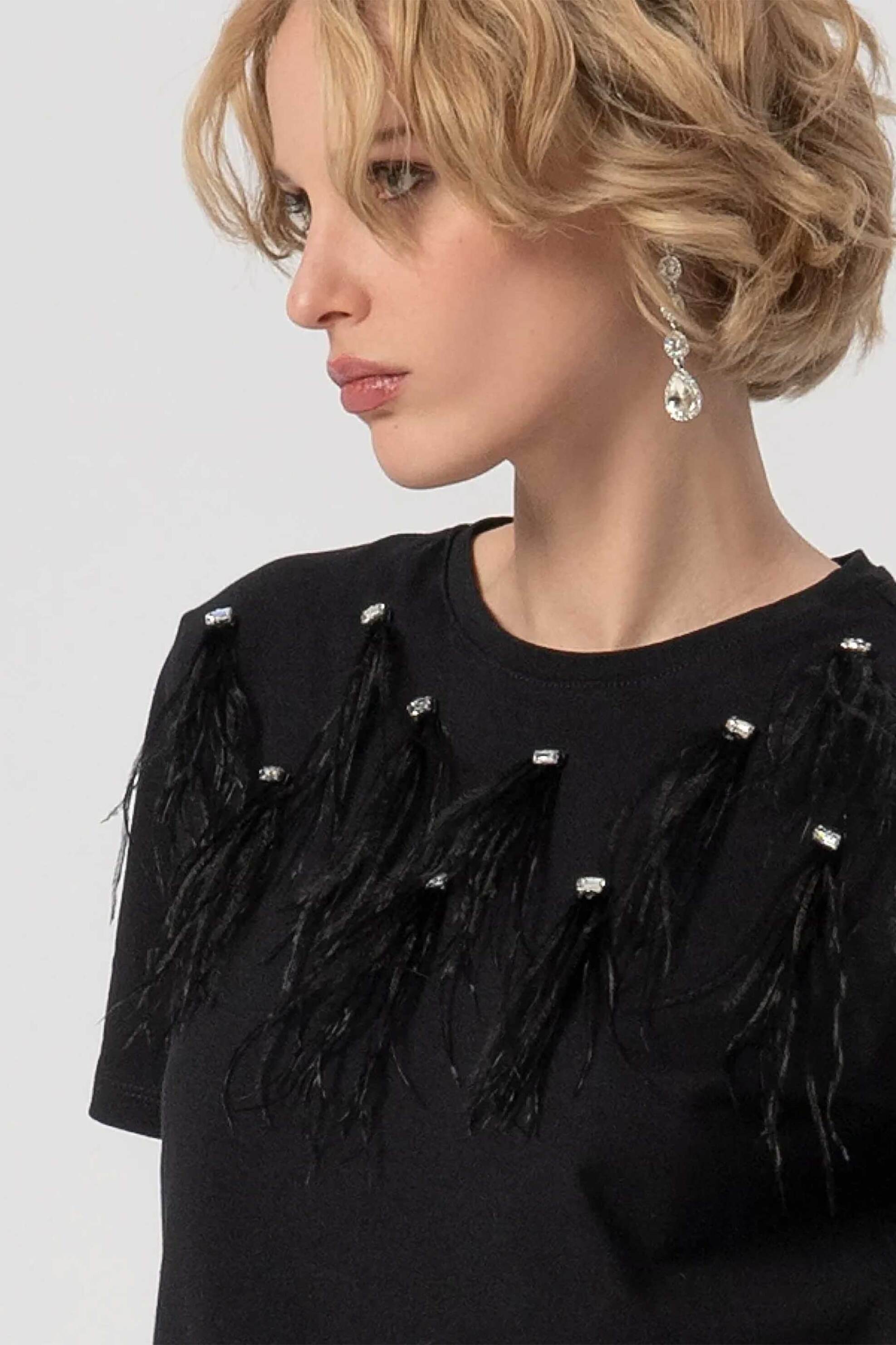 Fracomina γυναικείο T-shirt με σχέδιο απο στρας και φτερά Regular Fit - FS25WT3001J401Y6-053 Μαύρο φωτογραφία