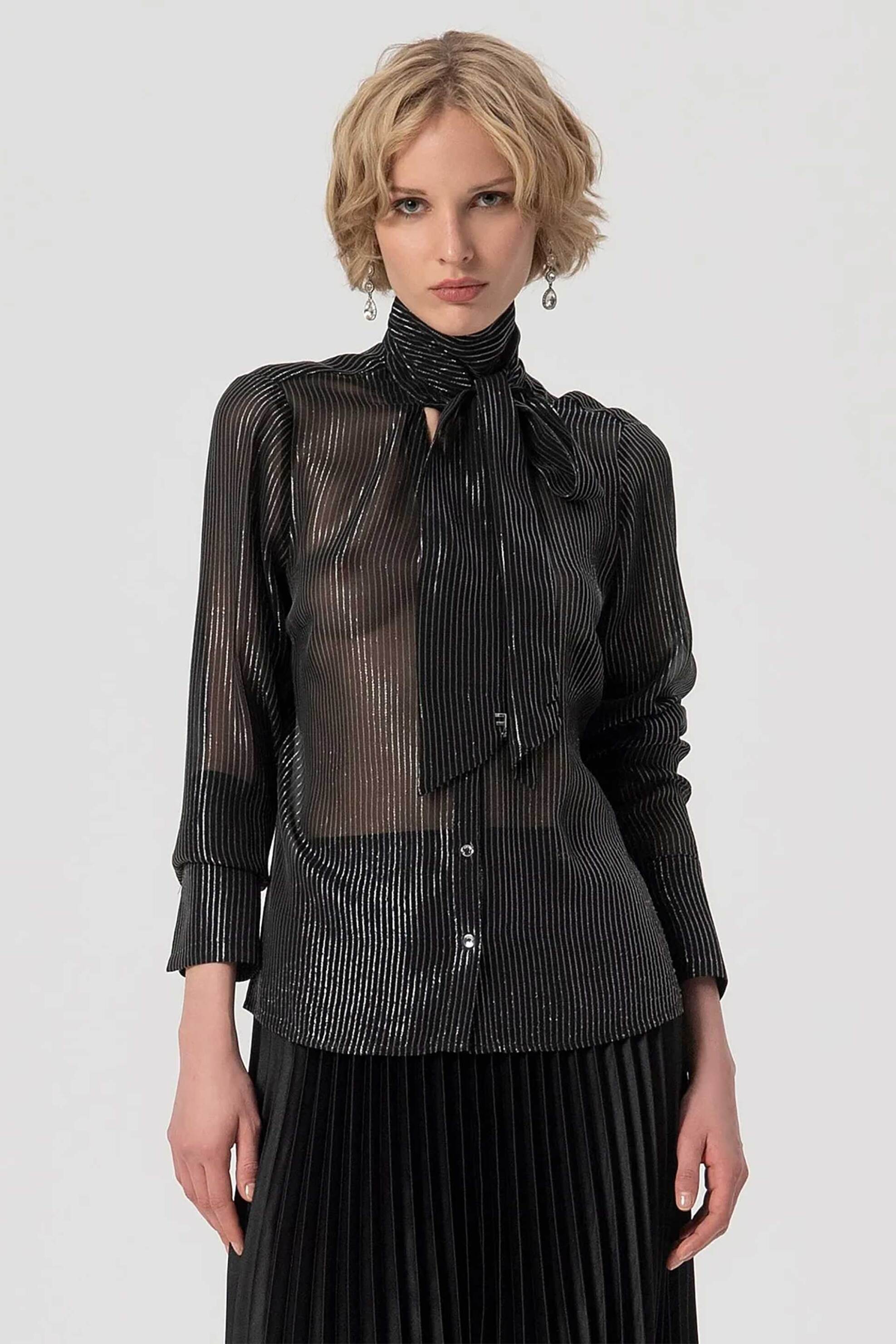 FRACOMINA Fracomina γυναικείο πουκάμισο με ριγέ σχέδιο και ψηλό λαιμό - FS25WT6002W822Q7-053 Μαύρο