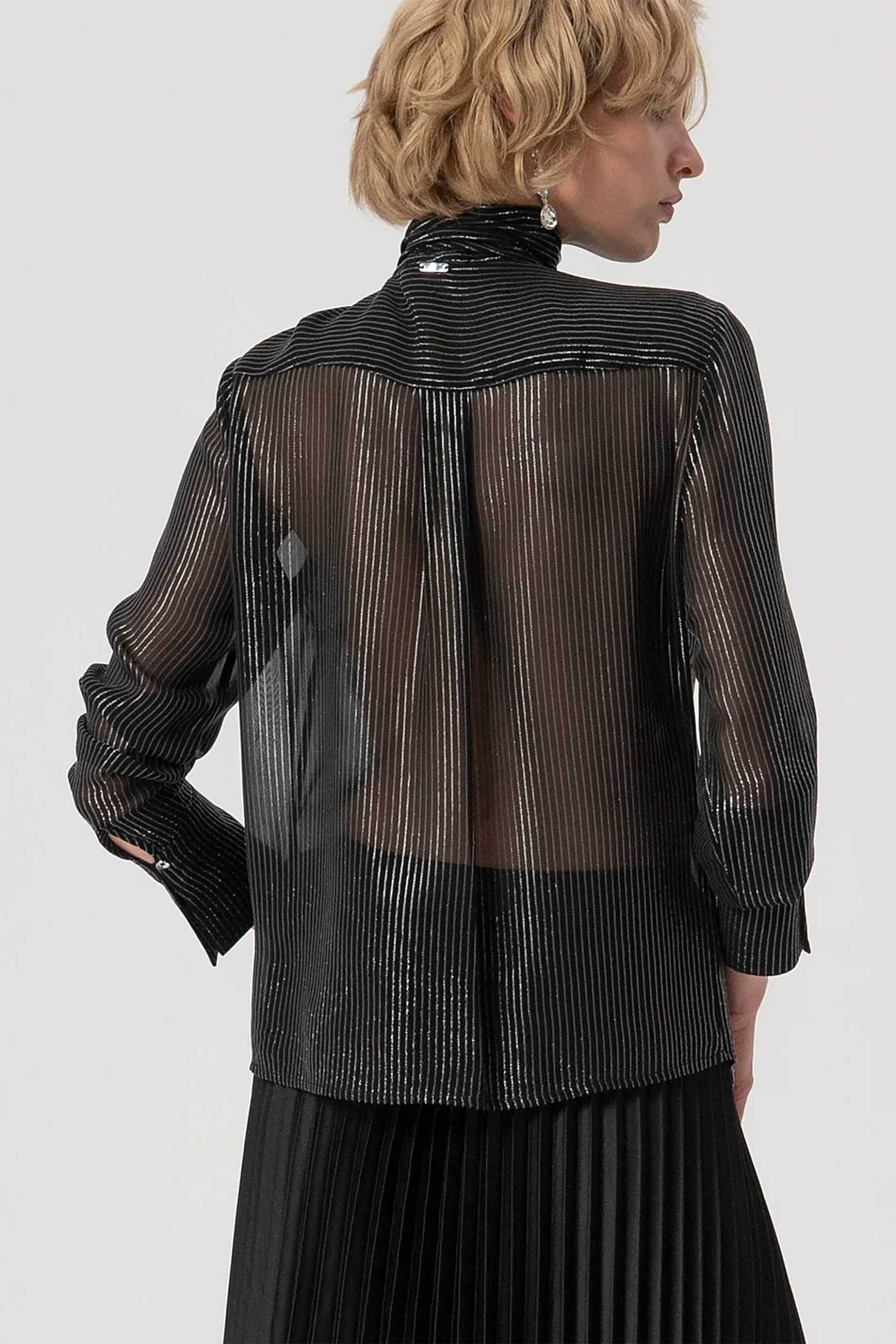 Fracomina γυναικείο πουκάμισο με ριγέ σχέδιο και ψηλό λαιμό - FS25WT6002W822Q7-053 Μαύρο φωτογραφία