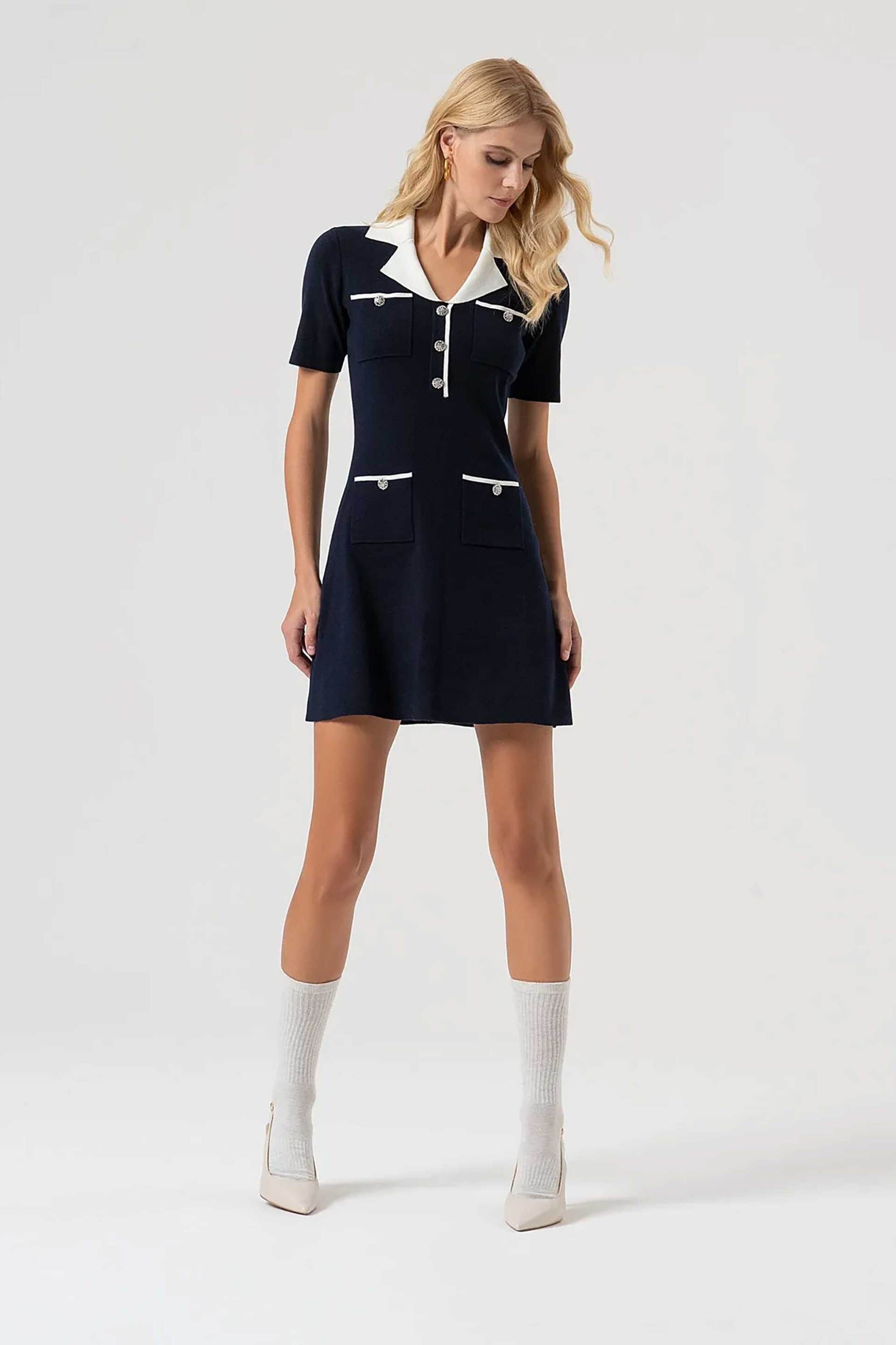 Fracomina γυναικείο mini φόρεμα με πόλο γιακά σε contrast λεπτομέρειες - FR25WD5010K45601-968 Σκούρο Μπλε φωτογραφία