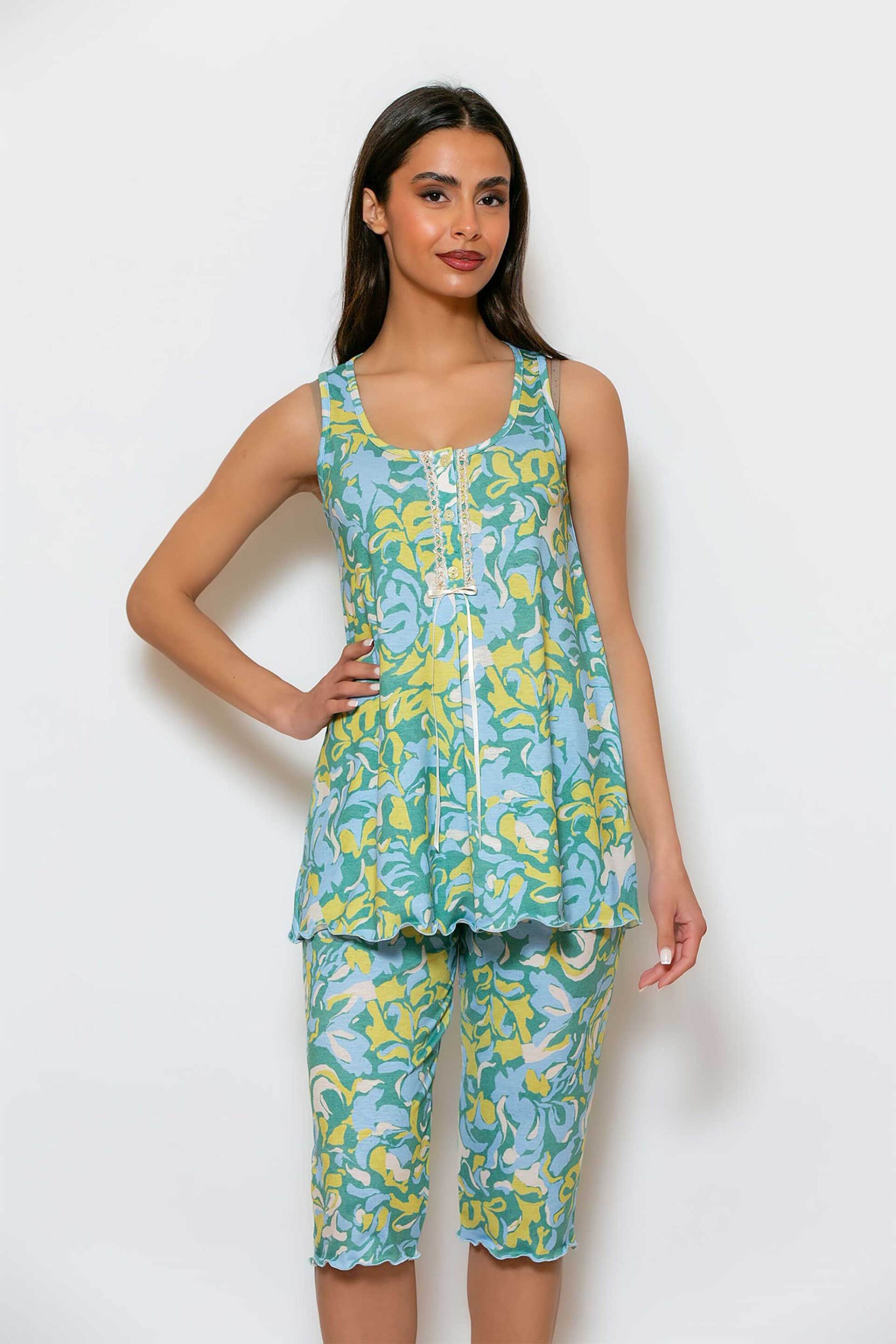 SCHERZO Scherzo γυναικεία πιτζάμα αμάνικη με floral print και κάπρι παντελόνι - 5673 Πολύχρωμο