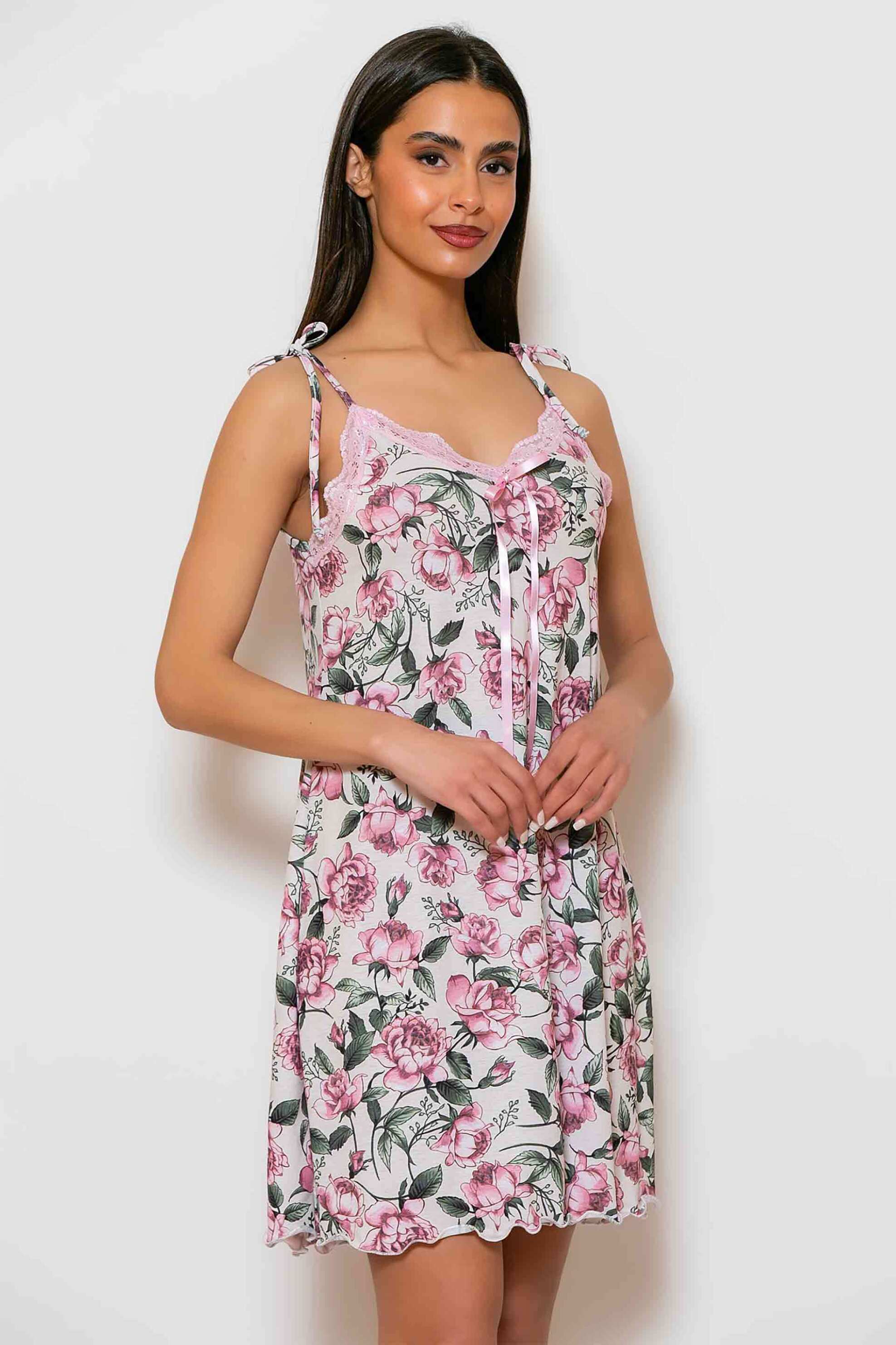 SCHERZO Scherzo γυναικείο νυχτικό με τιράντες και floral print - 5677 Ροζ