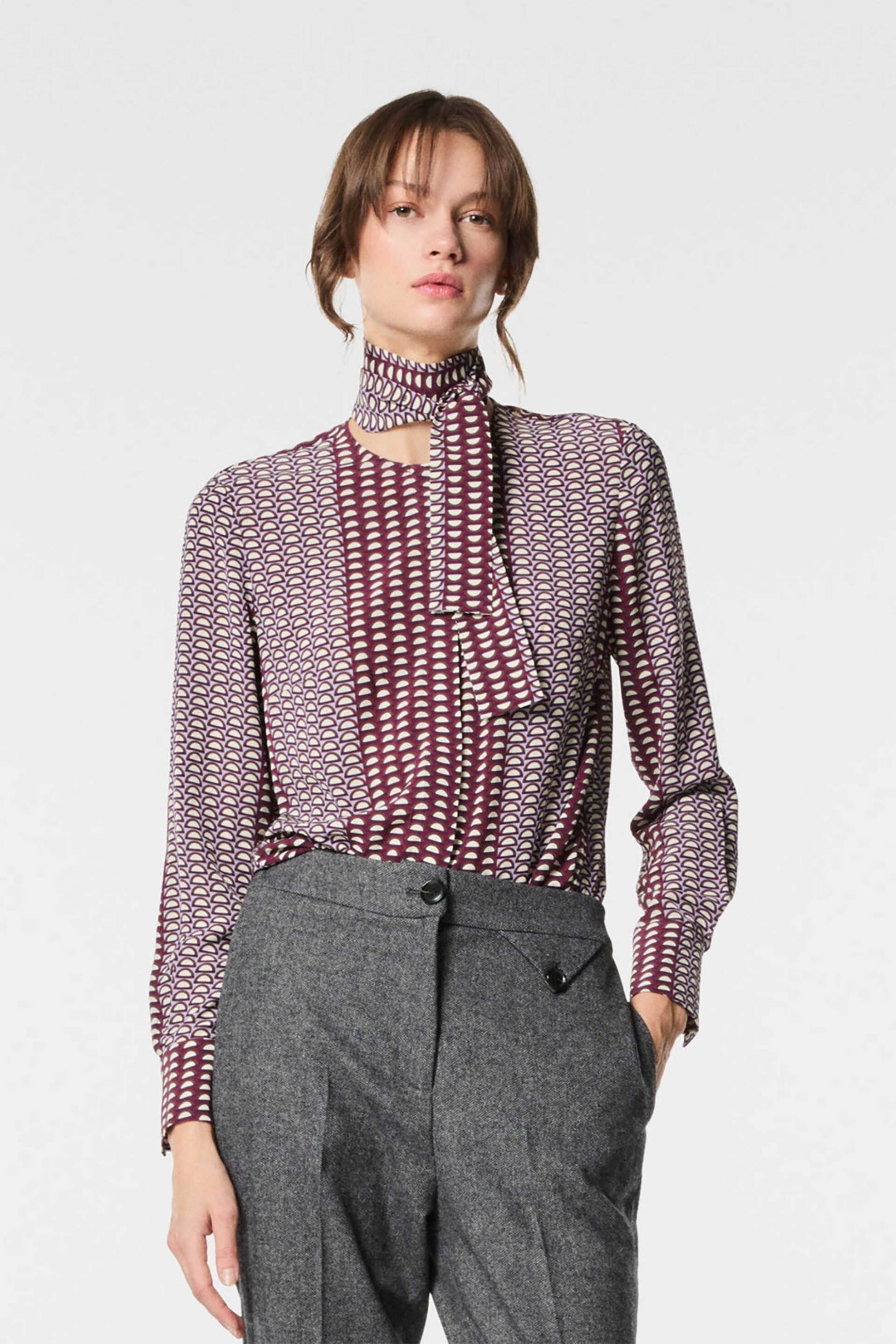 NENETTE Nenette γυναικείο πουκάμισο με φιόγκο και γεωμετρικό μοτίβο "Fantasia" - 40BB-FANTASIA-0800 Καφέ