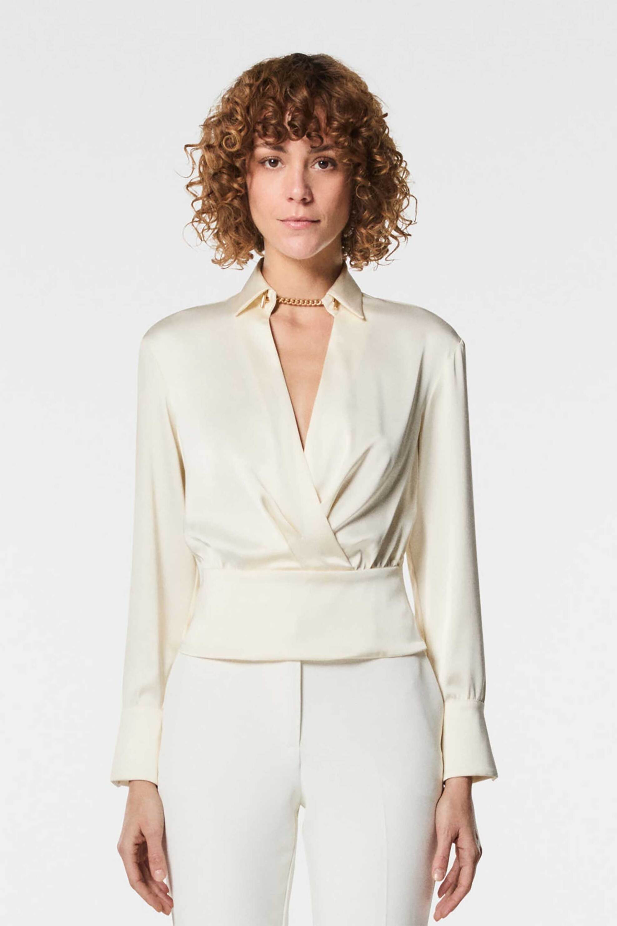 NENETTE Nenette γυναικεία μπλούζα με σατέν υφή και χρυσή αλυσίδα "Festa" - 40BB-FESTA-0004 Λευκό