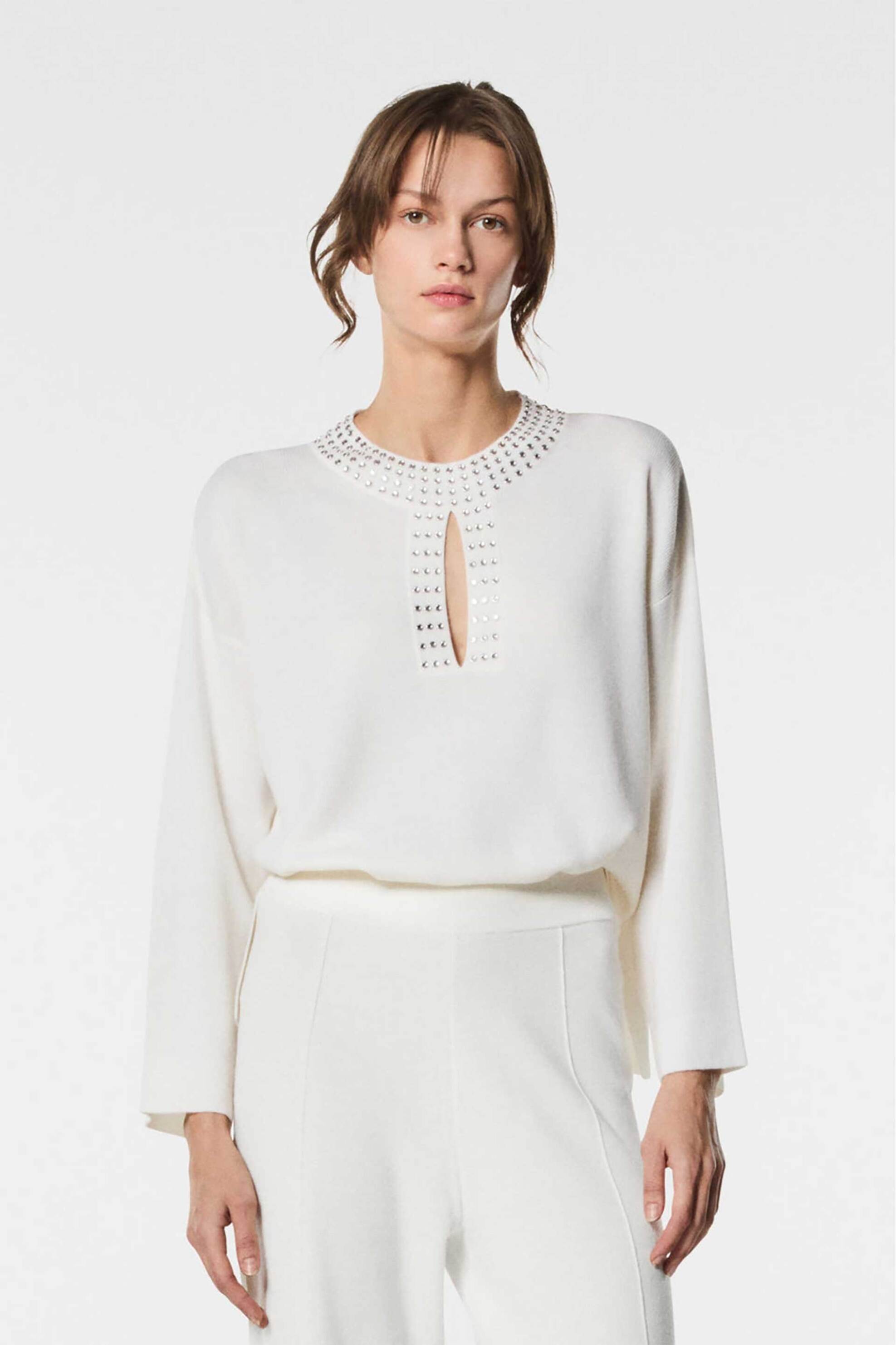 NENETTE Nenette γυναικεία πλεκτή μπλούζα με διακοσμητικά τρουκς - 40BB-MASACCIO-0004 Λευκό
