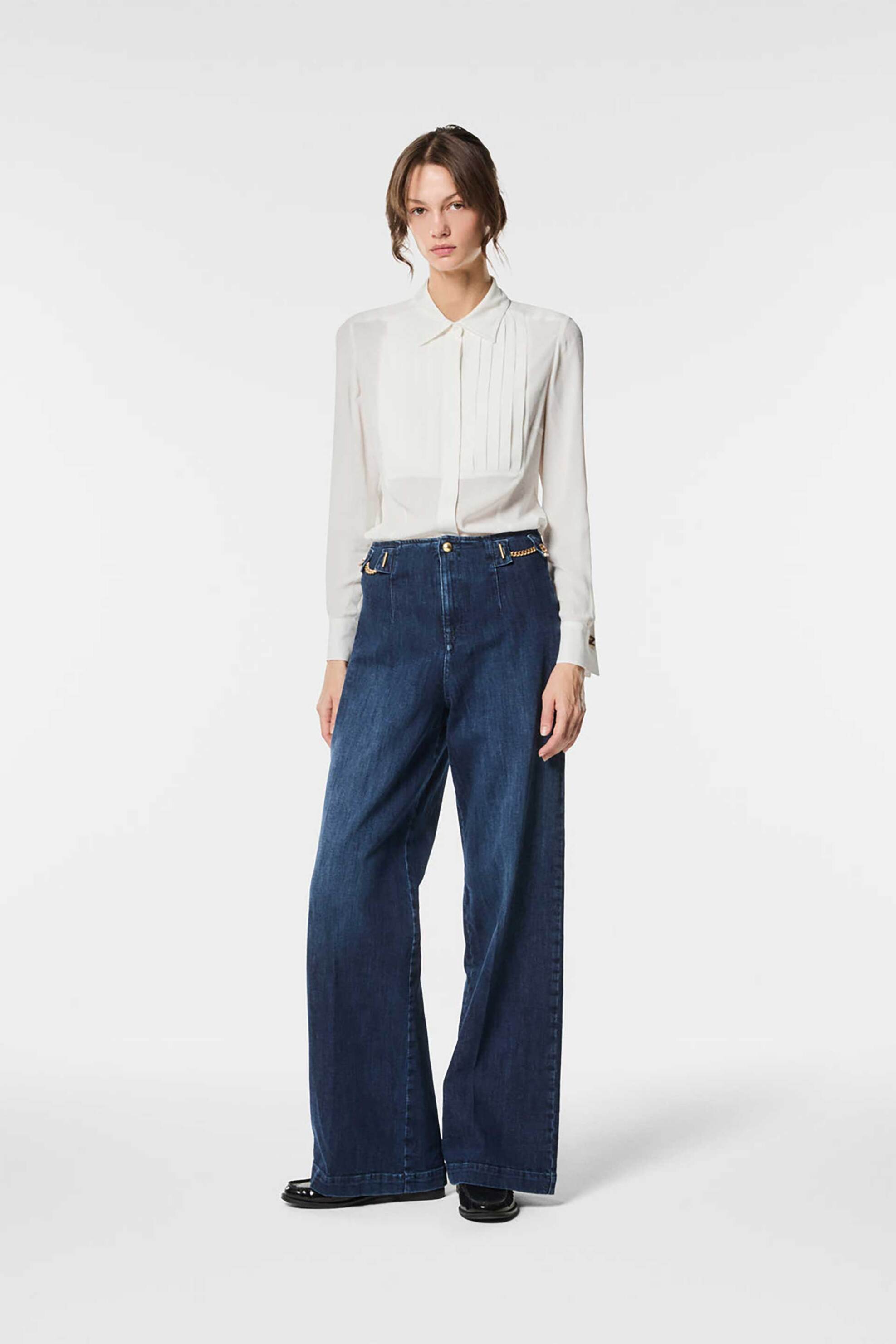 NENETTE Nenette γυναικείο τζιν παντελόνι με διακοσμητικές αλυσίδες Wide Leg - 40BB-STAFF-0473 Denim Blue Σκούρο