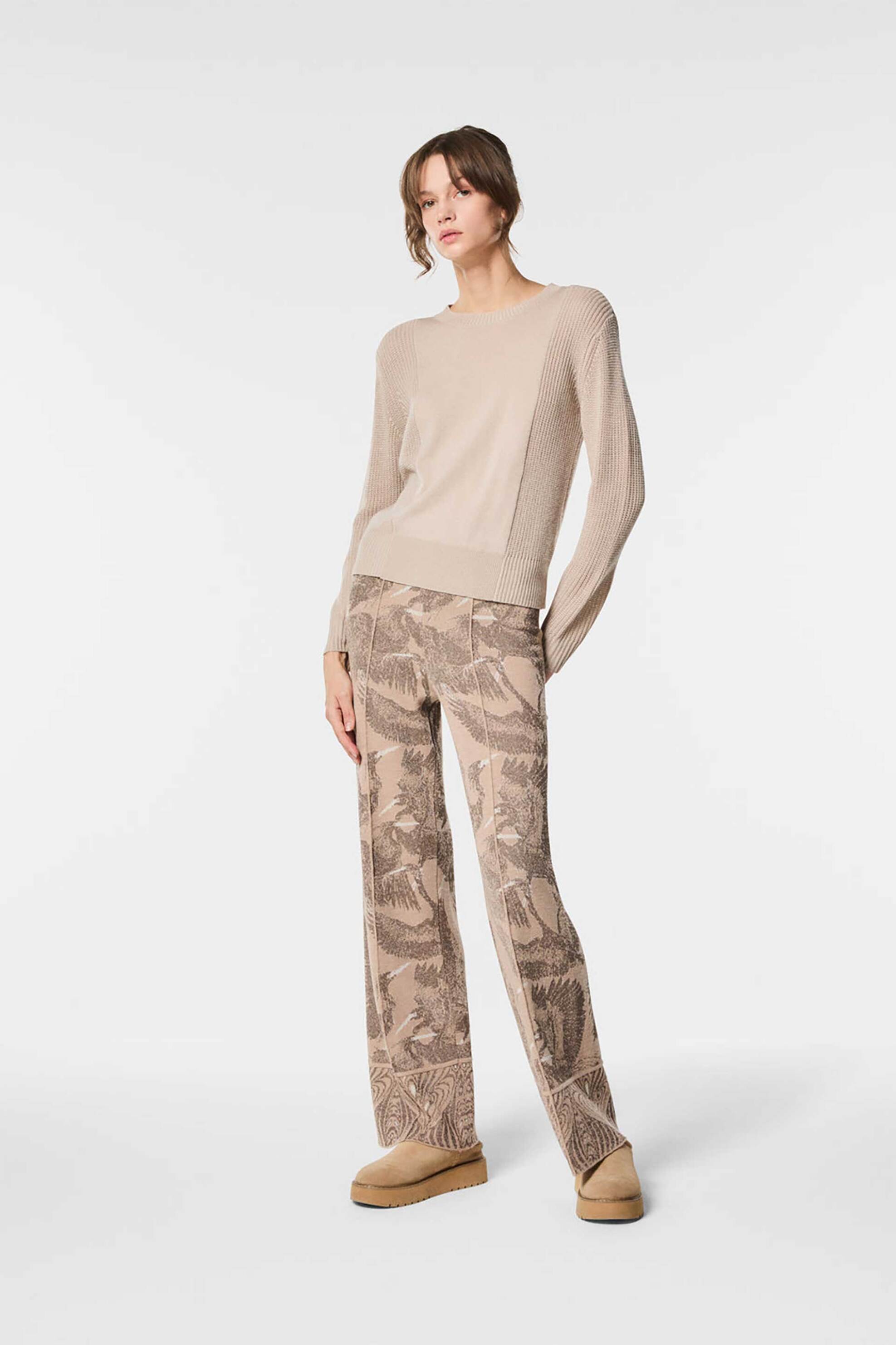 NENETTE Nenette γυναικείο πλεκτό παντελόνι ψηλόμεσο με floral print Straight Fit - 40BB-YAK-0626 Nude